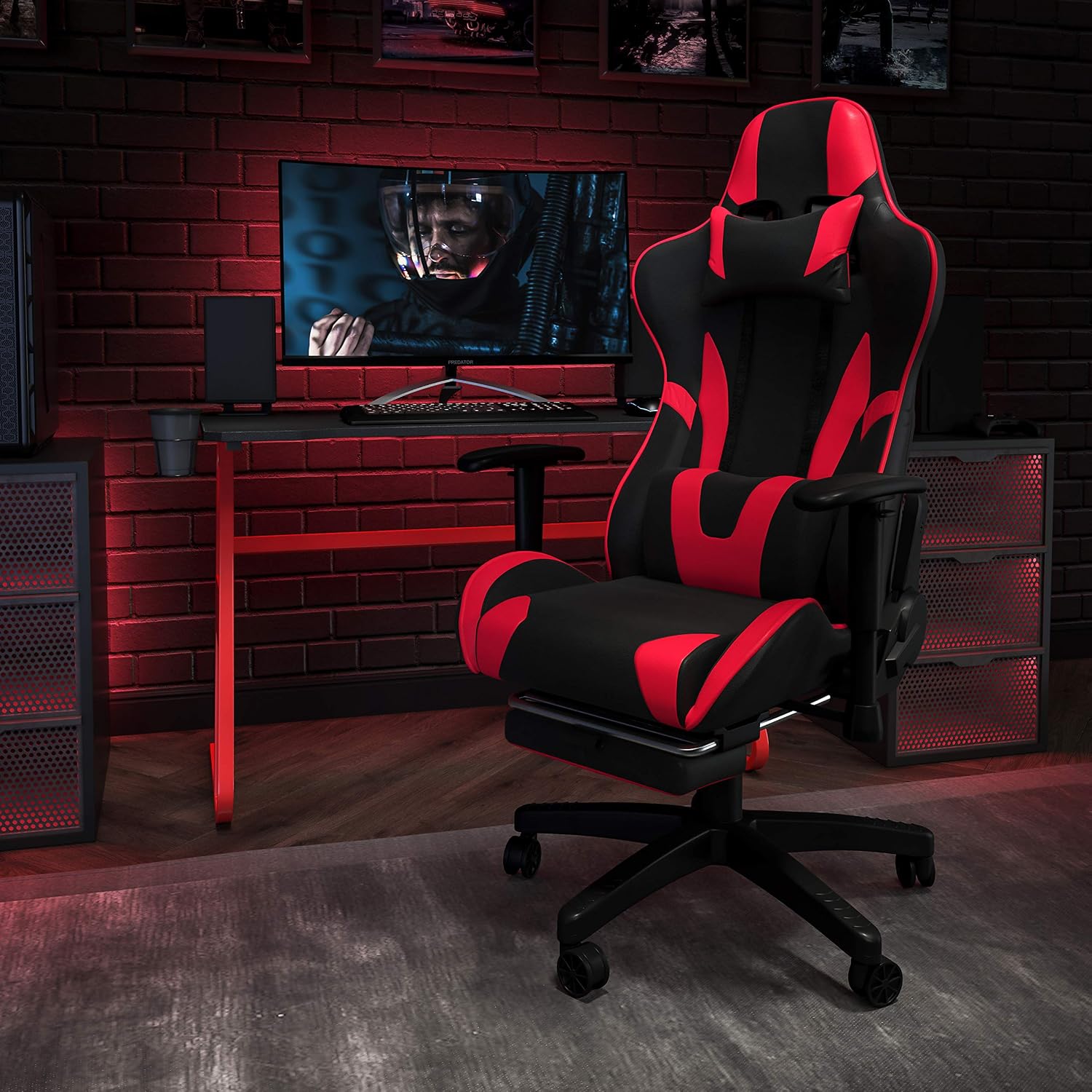 Exclusive Flash Furniture Red Gaming Desk and Red/Black Footrest Reclining Gaming Chair Set with Cup Holder and Headphone Hook