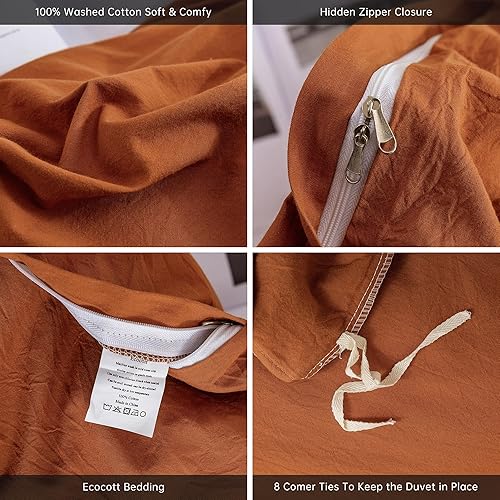 Miniatura 6 de ECOCOTT Juego de funda de edredón color marrón, tamaño California King, 100% algodón lavado, duradero, suave y cómodo, funda de edredón de 3 piezas