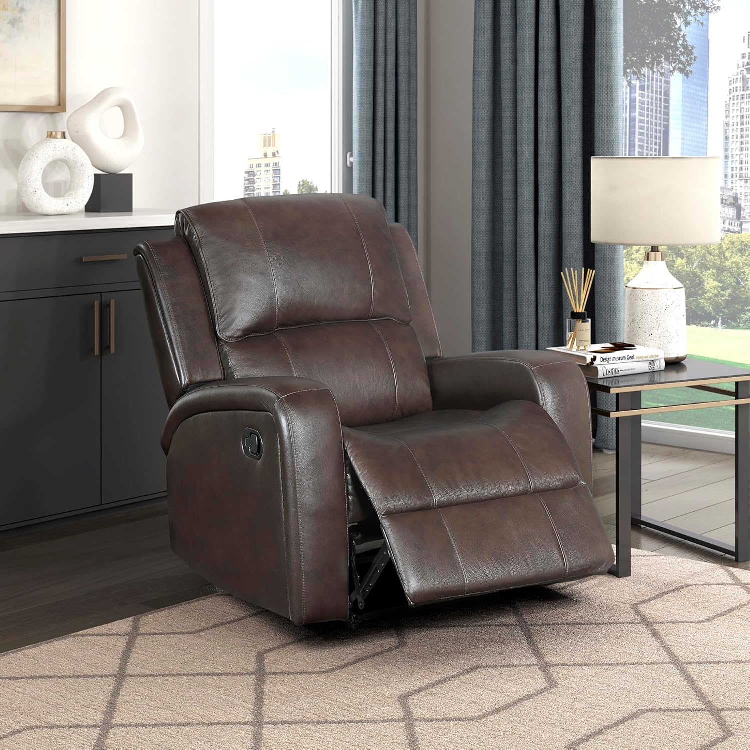 Lexicon Manual Reclining Chair, Top Grain Leather Match Wall Hugger Recliner Chair, Tab Pull Reclining, High Density Foam Over Pocket Coils, for Living Room/Reading Nook/Bedroom, Brown