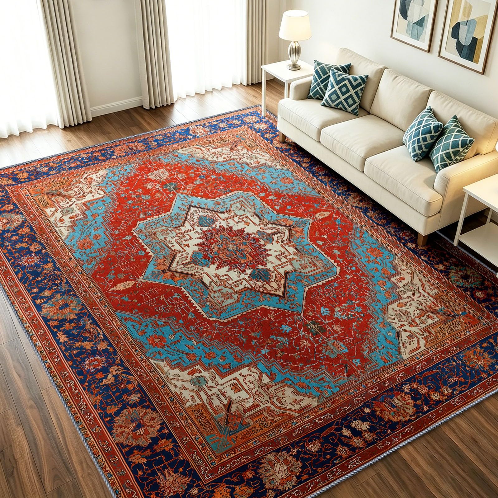 Tapis de salon géométrique rouge résistant et léger facile à nettoyer pour grand passage