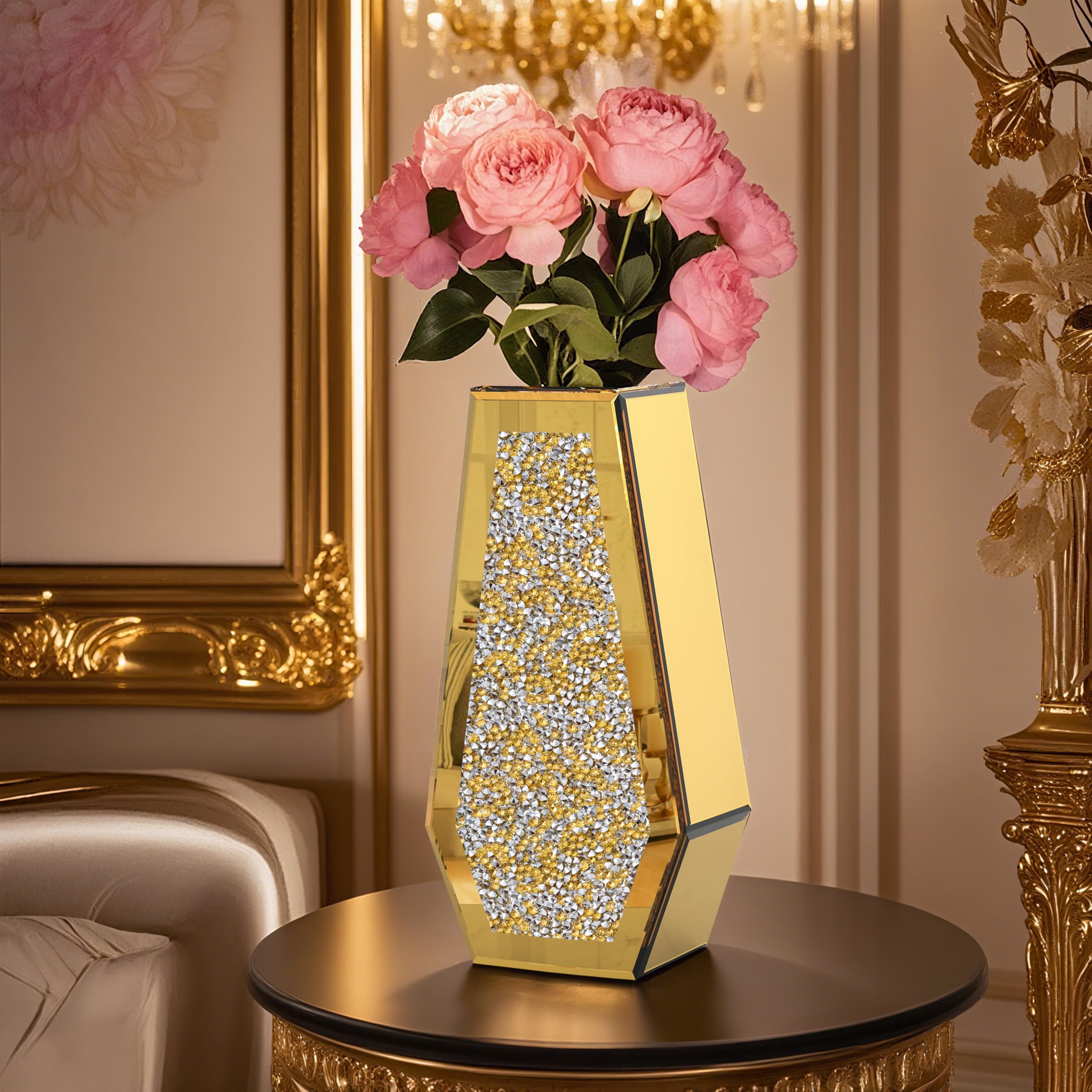 Luxury Crystal Glass Flower Vase Crushed Diamond Vase, Gold Mirror Finish, 14 inches Tall, Decorative Rhinestone Centerpiece for Home