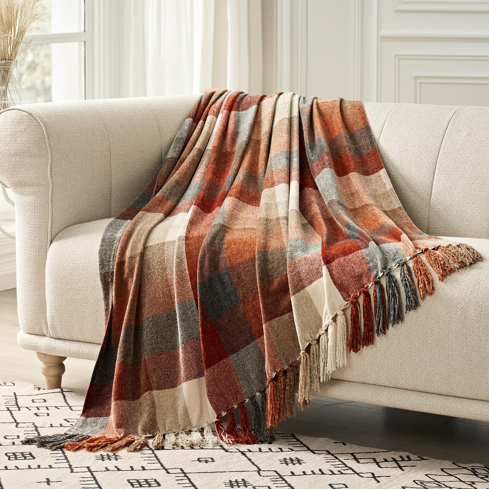 EverGrace Plaid Chenille Throw Blanket for Couch, Super Soft Cozy Decorative Fall Throw Blanket with Tassels for Bed Sofa Gift, Lightweight Harvest Plaid Throw Blanket for Autumn 50”x60”
