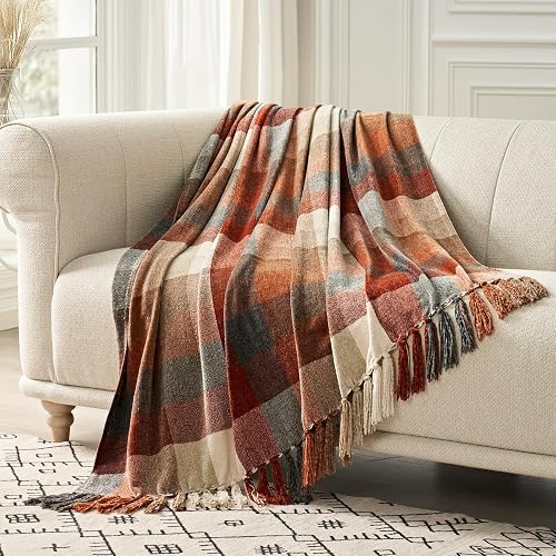 EverGrace Plaid Chenille Fall Throw Blanket, 50"x60", Harvest Orange Plaid