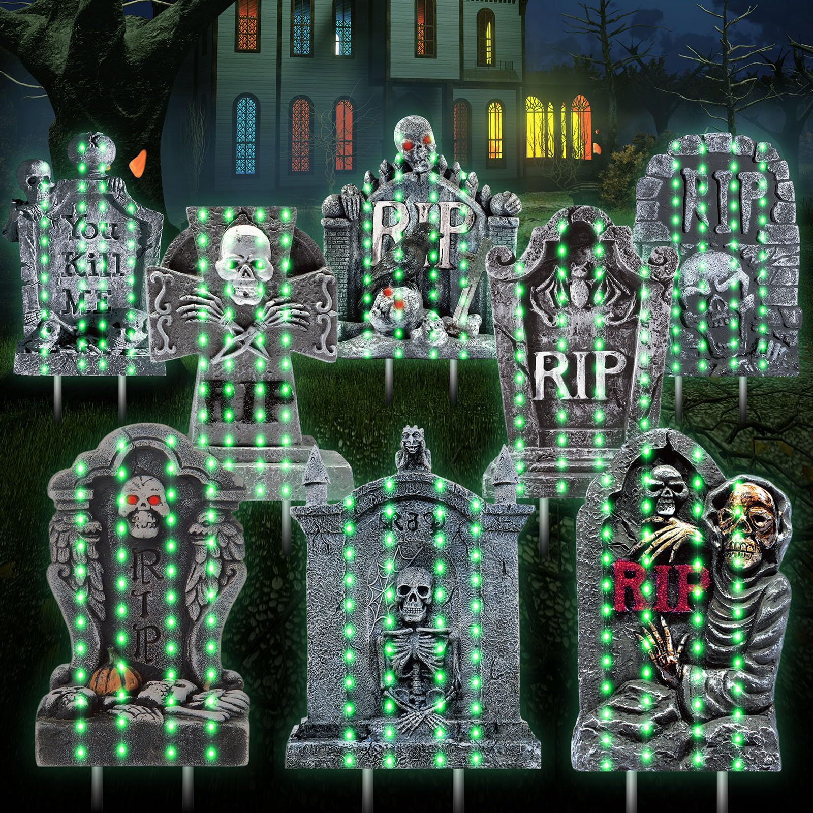 Blulu 8 Pack Lighted Tombstone Yard Sign Halloween Sign Decoration with Stakes Waterproof Gravestone Halloween Yard Sign Corrugated Plastic Halloween Outdoor Decoration for Halloween Party Garden Yard
