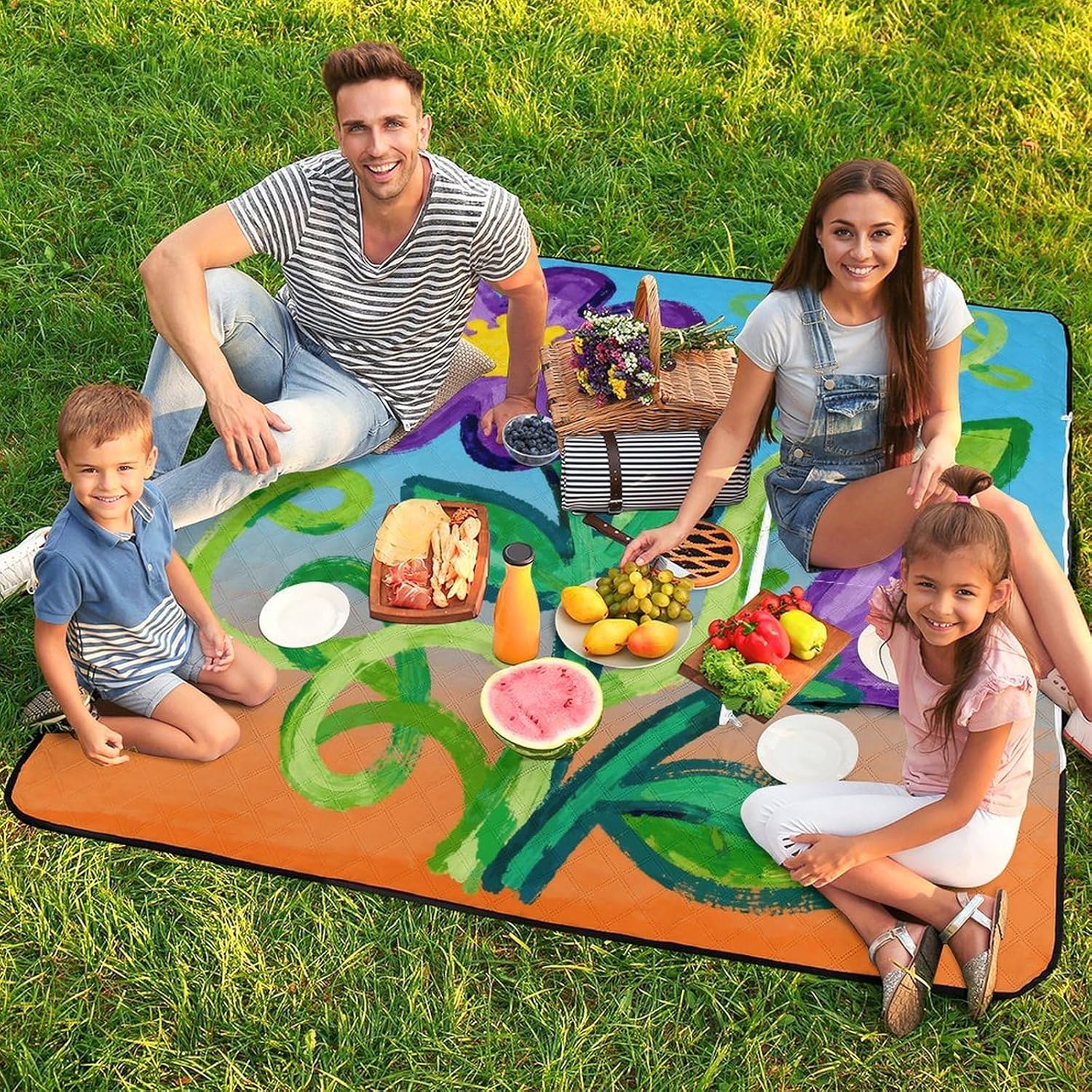 Graffiti Colourful Picnic Blanket with Zipper Water Resistant Sand Free Picnic Mat Washable Foldable Easy Carry Beach Blanket for Lawn Beach Hiking Camping
