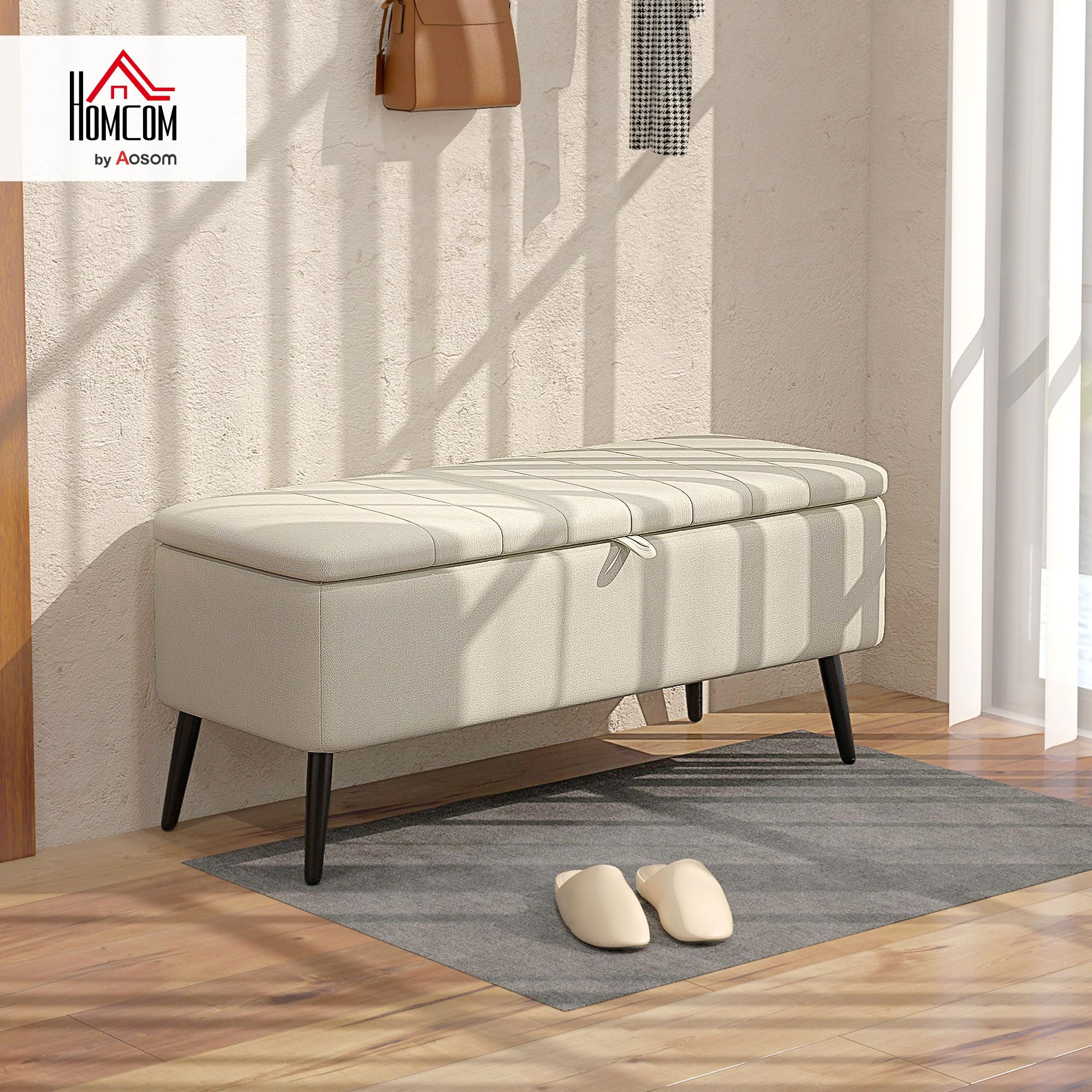 HOMCOM Sitzbank mit Stauraum mit Leinenoptik 102 x 40 x 44 cm Cremeweiß