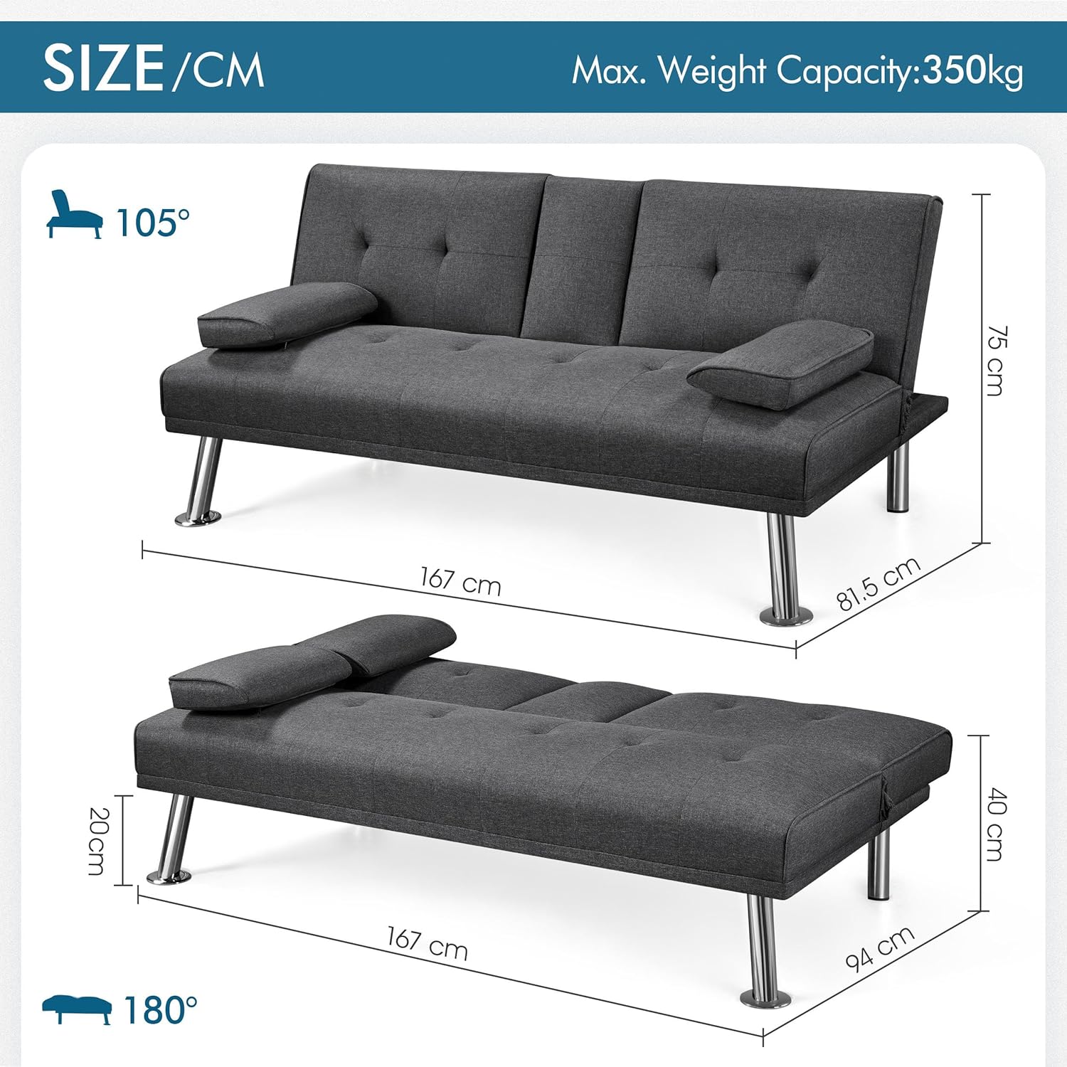 Diagram showing dimensions of the sofa bed in sofa and bed modes