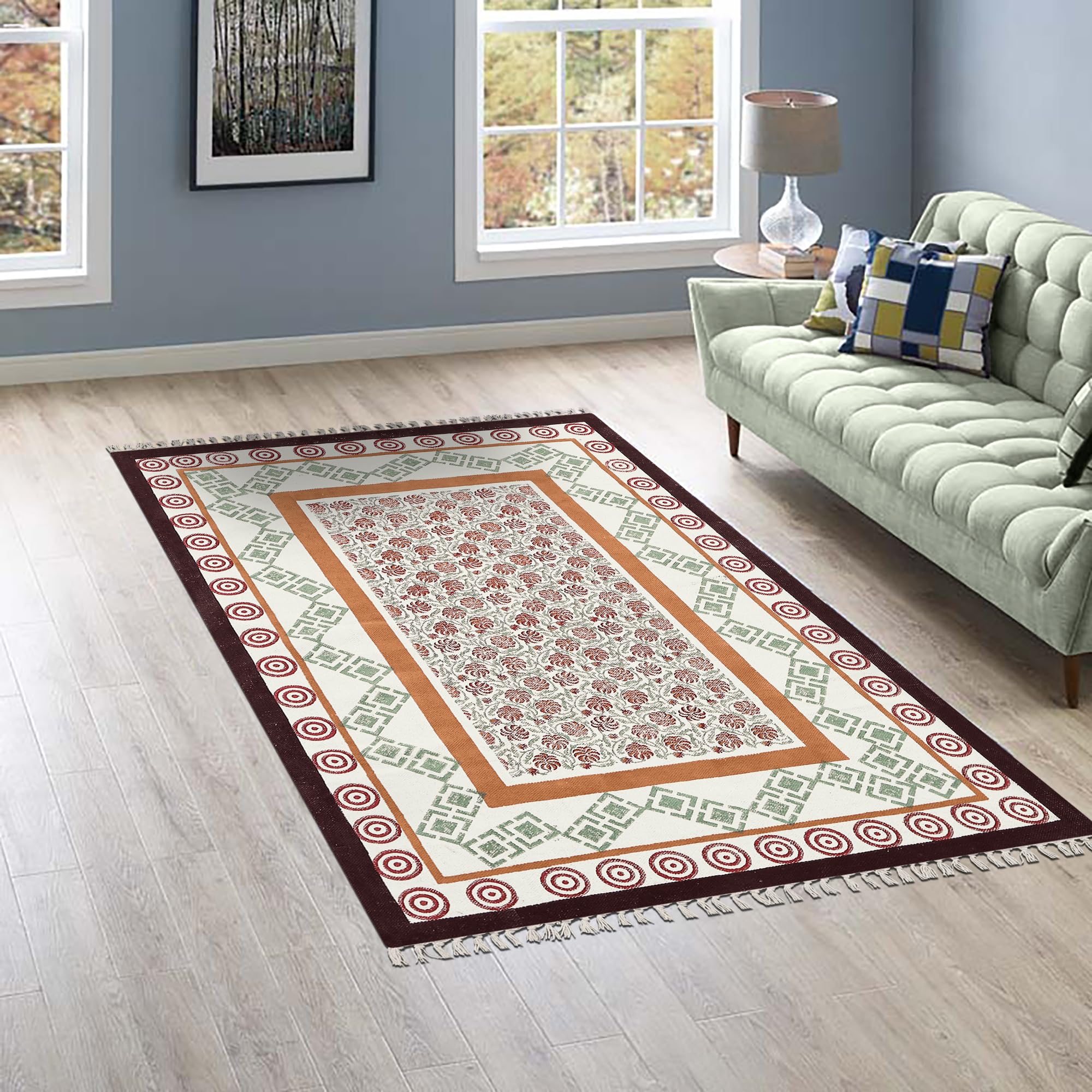 Bawełniany dywanik z nadrukiem blokowym ręcznie 15 x 20 cm mata kilimowa płaski splot kasztanowy pomarańczowy współczesny design kamień łatwy do prania gruby 0,5 cm ręcznie tkany dywanik do wnętrz na