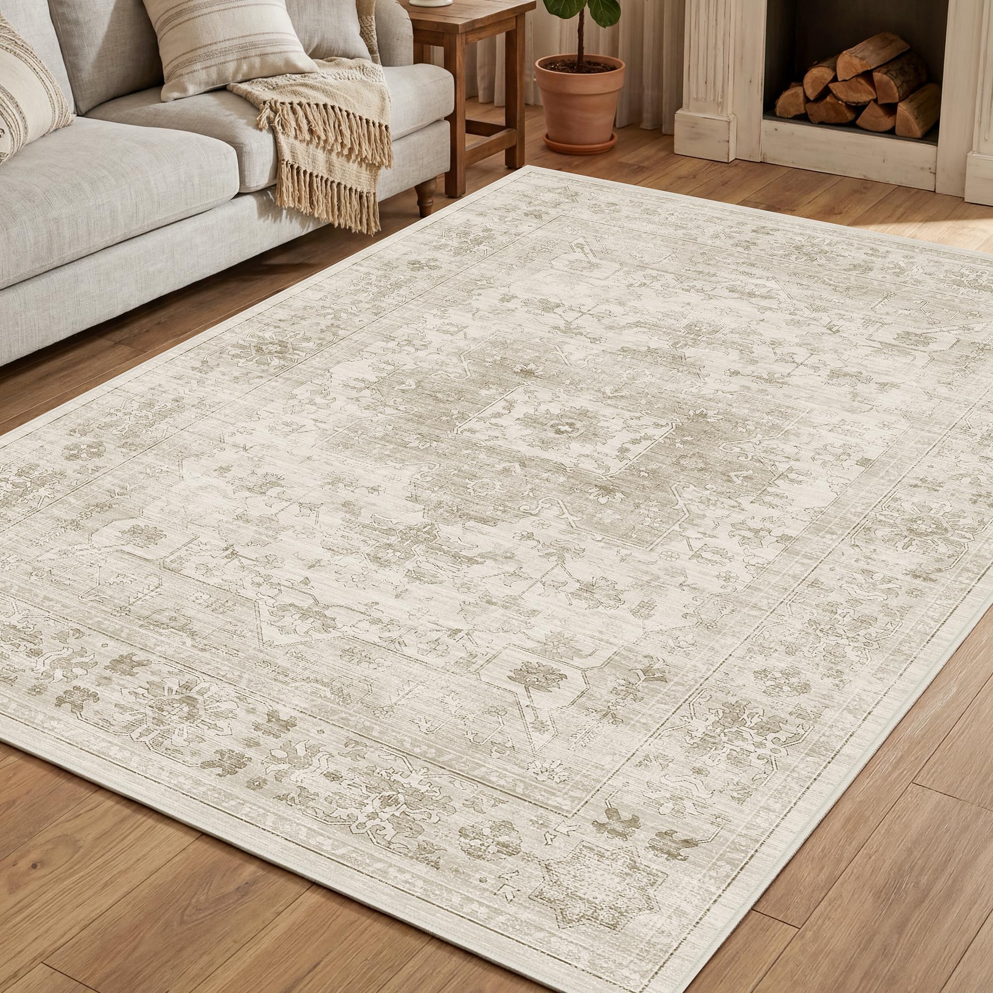Autsel Rugs for Living Room Bedroom 160x230cm, Large Machine Washable Area Rugs Non-slip, Vintage Boho Rugs, Soft Short Pile Carpet, Cream Runner Rugs for Hallway, Carpet for Kitchen, Office