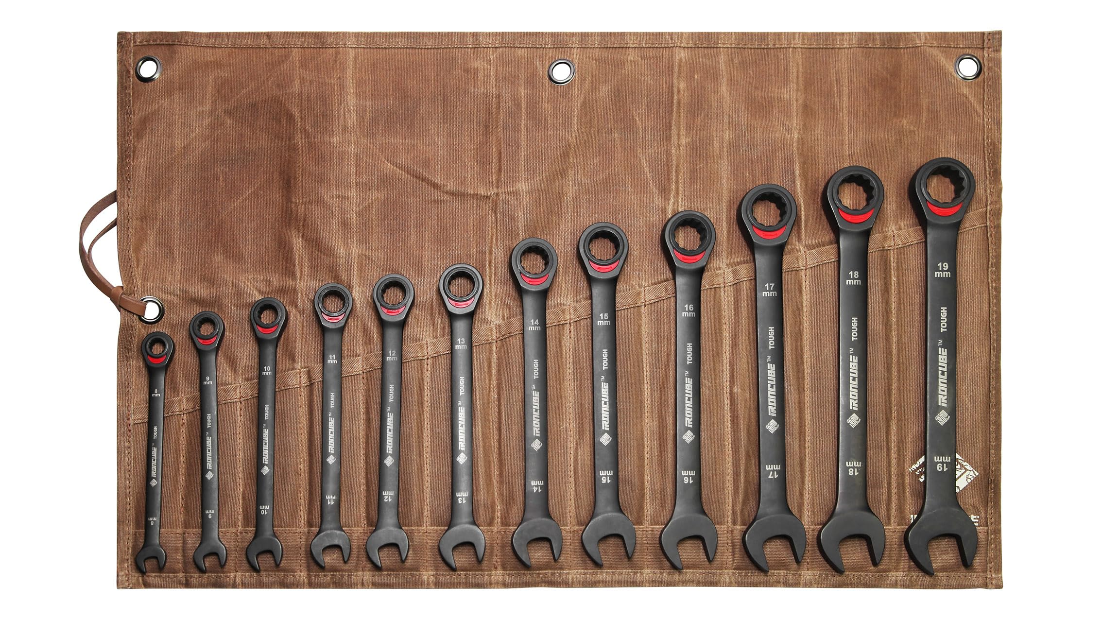 Combination Ratcheting Wrench Set: 12-Piece Metric 8-19mm CR-V Steel Tough Black with Wax Canvas Storage Bag for Off-Road Tool Kits Backup
