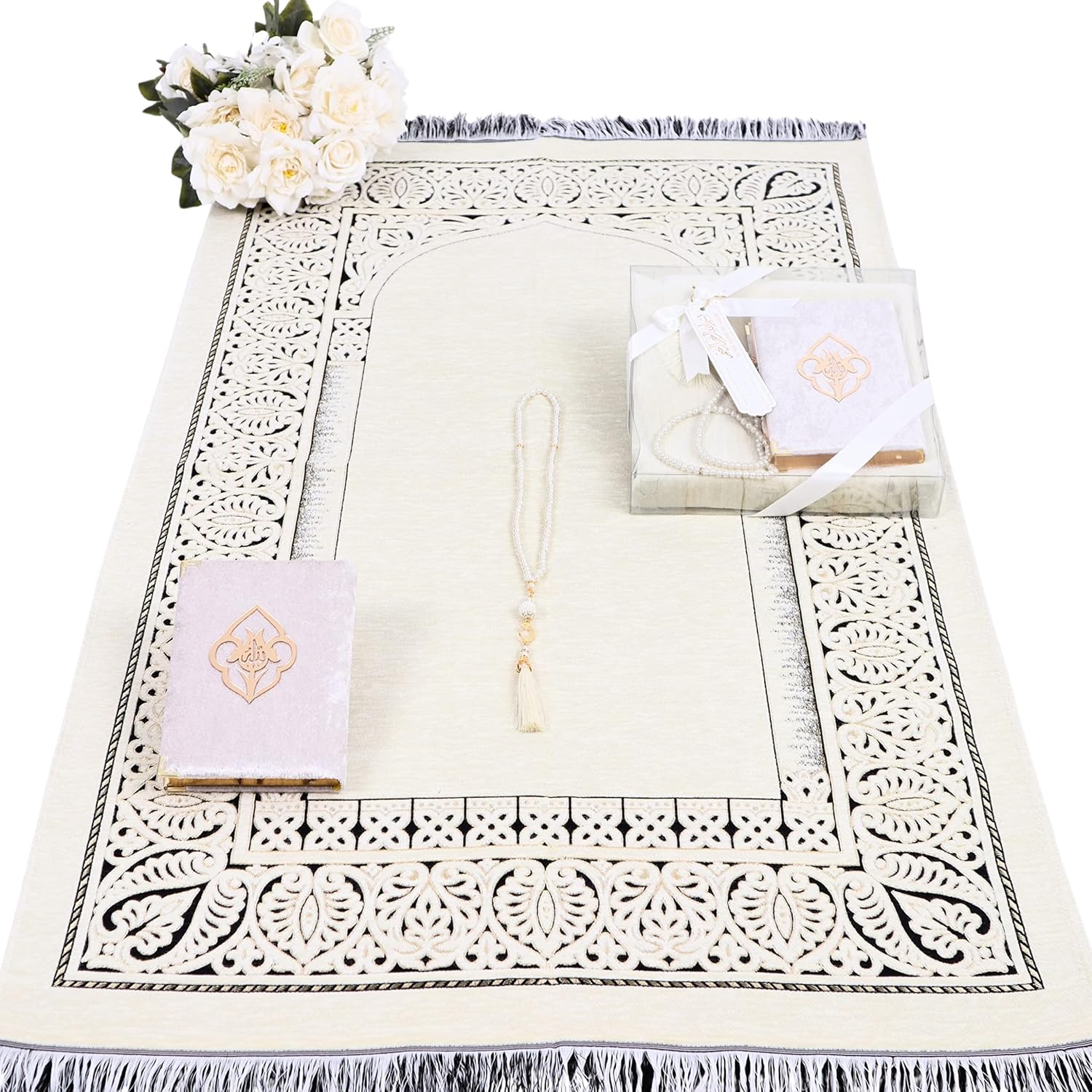 IEF Personalized Prayer Rug Quran Prayer Beads Islamic Gift Set, Ramadan Eid Wedding Birthday Mother's Day Father's Day Anniversary Day Gifts