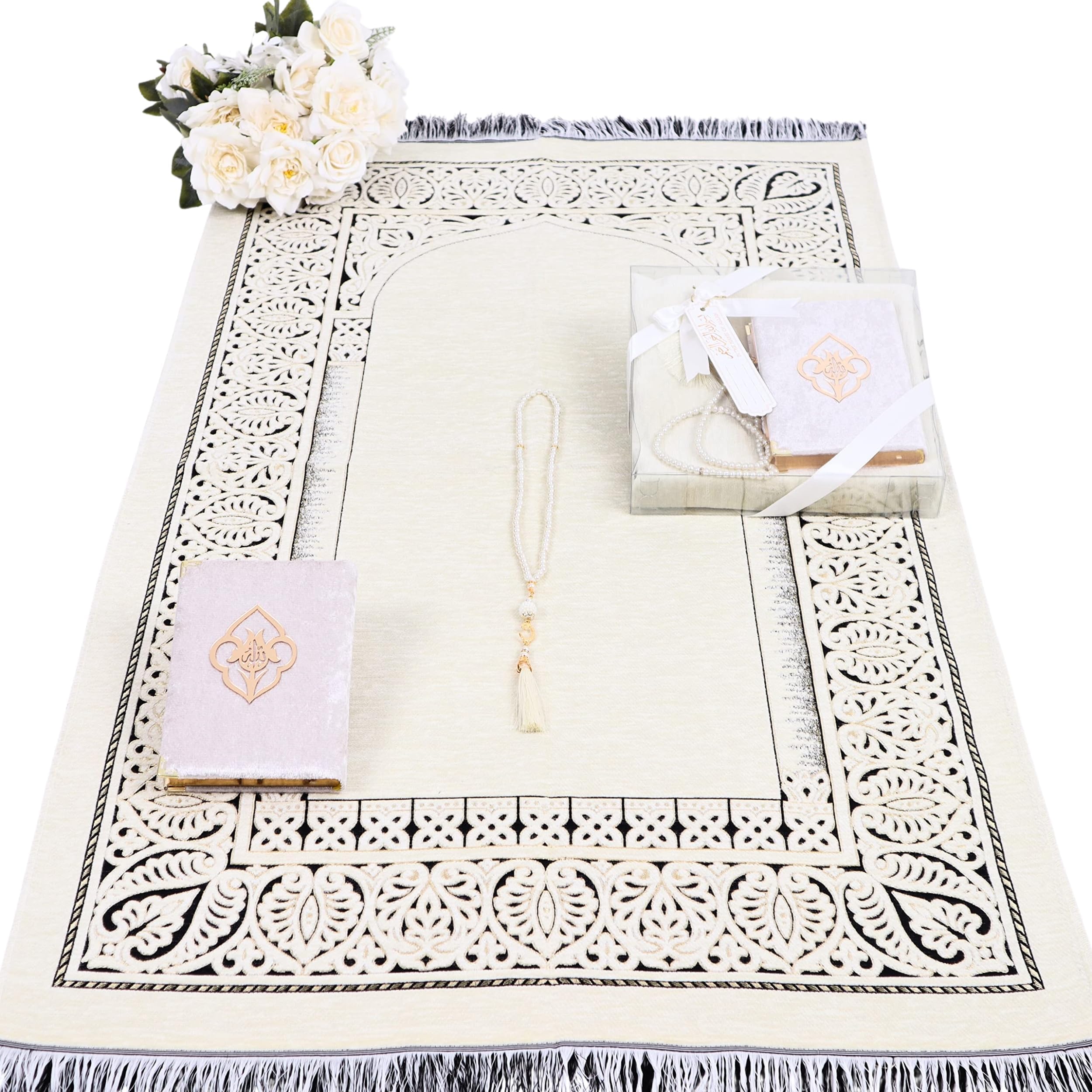 IEF Personalized Prayer Rug Quran Prayer Beads Islamic Gift Set, Ramadan Eid Wedding Birthday Mother's Day Father's Day Anniversary Day Gifts