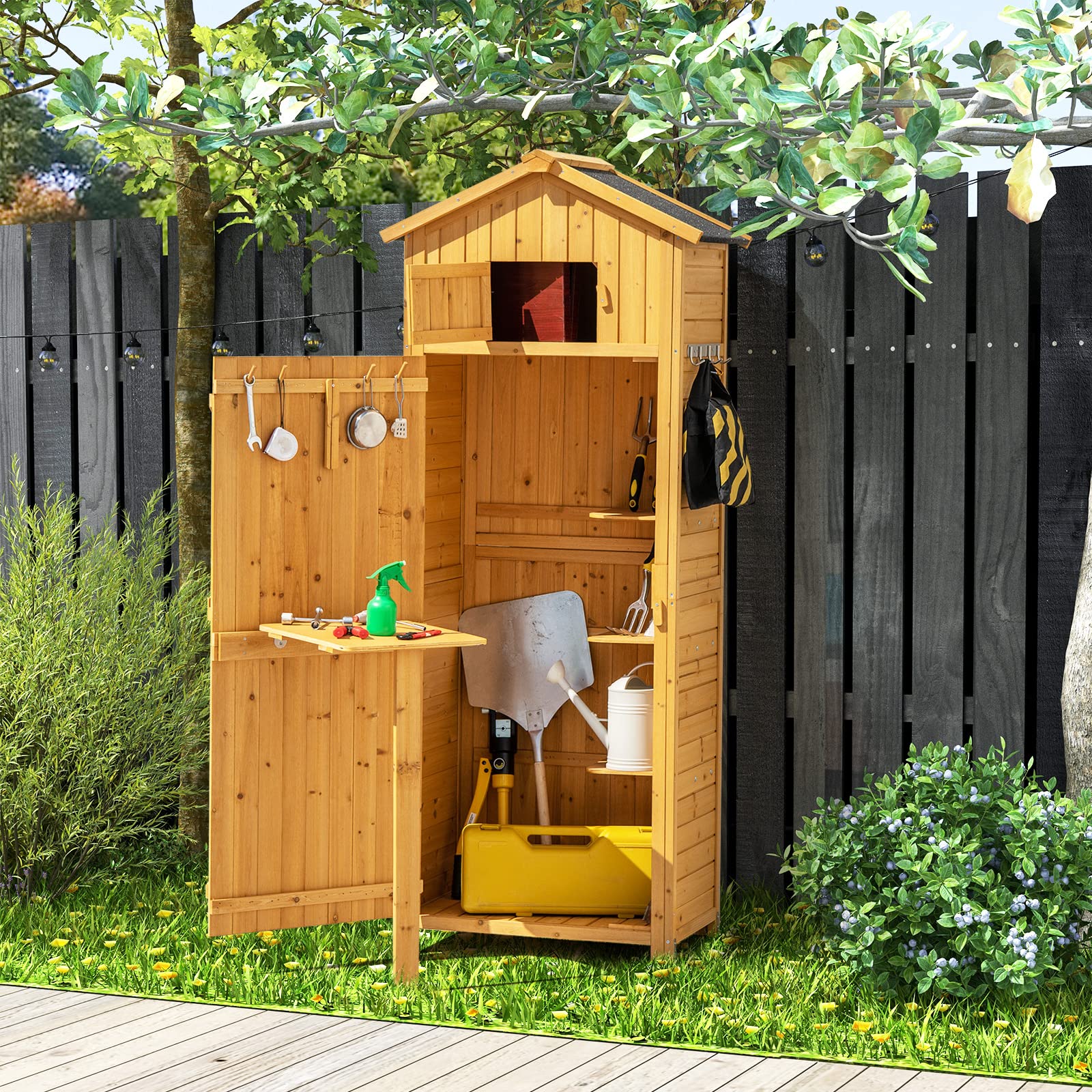 HOMASIS Casetta da Giardino in Legno, Casetta Porta Attrezzi da Giardino con Ripiano Pieghevole e Ganci, Capanno da Esterno Impermeabile e Salvaspazio, 65 x 42 x 180,5 cm (Marrone)