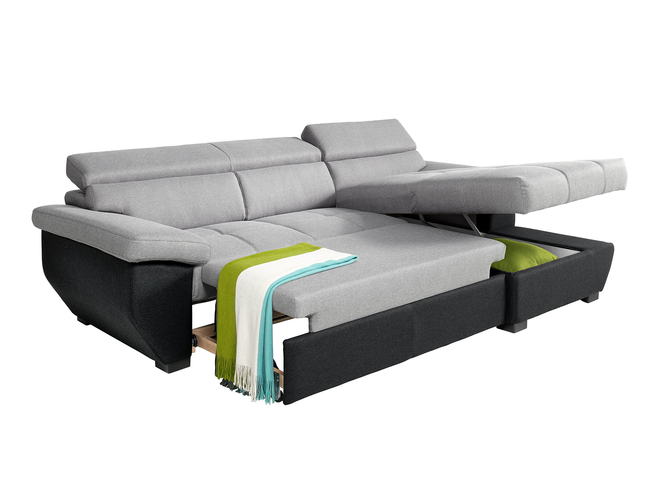 Mivano Schlafsofa Speedway / Moderne Couch in L-Form mit Bett, Bettkasten und verstellbaren Kopfteilen / 267 x 79 x 170 / Zweifarbig: Grau-Schwarz
