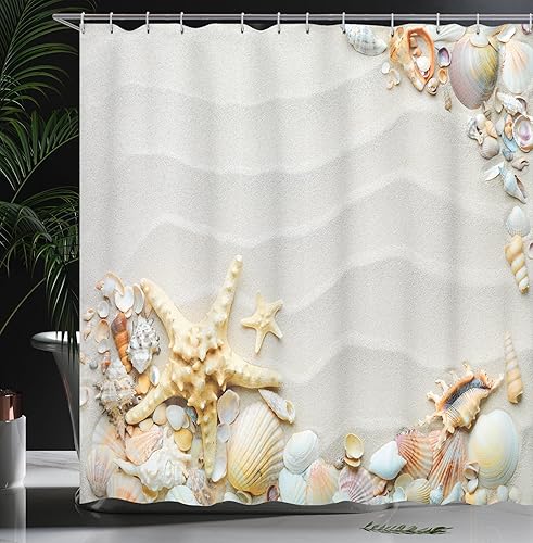 Miniatura 3 de Ambesonne Cortina de ducha con estrellas de mar, costa de mar con arena con varias conchas marinas tropicales, temática de vida silvestre acuática,