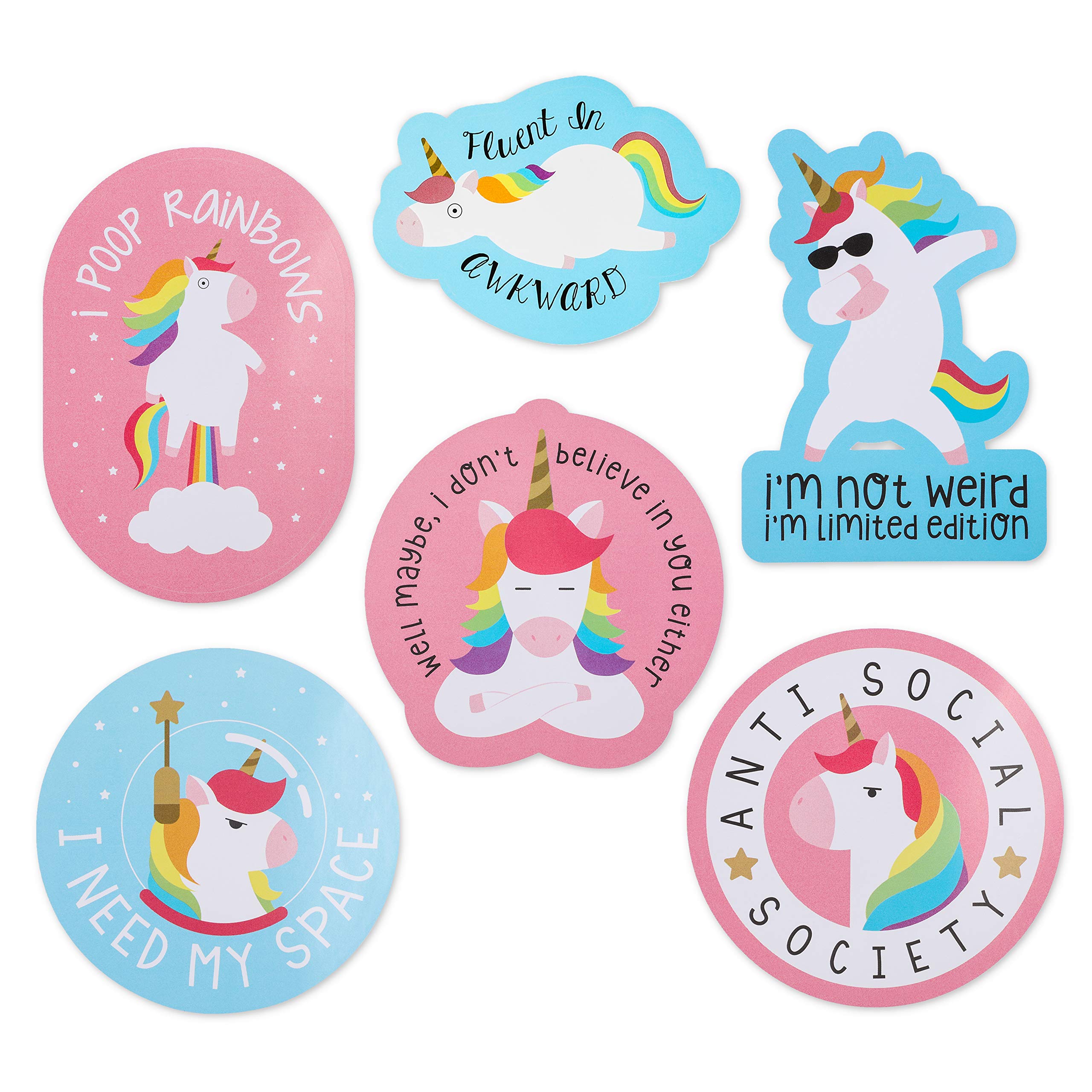Paper Junkie Unicorn Bling Stickers for Laptops & Water Bottles - Multicolor Vinyl Decals 6-Pack 4-5 in - Funny Unicorn Poop & Rainbow Farting Designs - Sarcastic Scrapbooking Embellishments