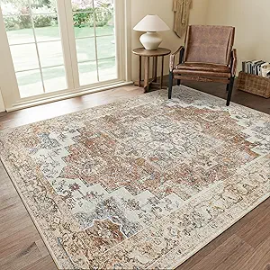 GENIMO 6x9 Area Rugs for Living Room, Non Slip Machine Washable Retro Rugs, Low Pile Chenille Print Rug for Bedroom, Dining Room, Home Office, Orange