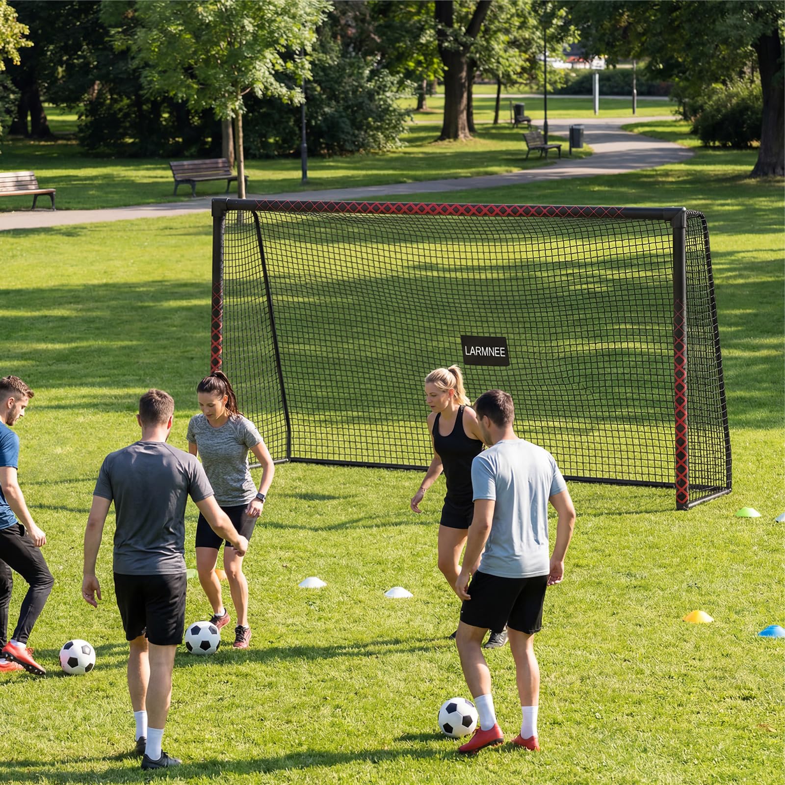LARMNEE Portería de Fútbol Grande, Incluye Piquetas en U, con Protección de Espuma de Polietileno, para Exterior, Jardín y Campo de Juego