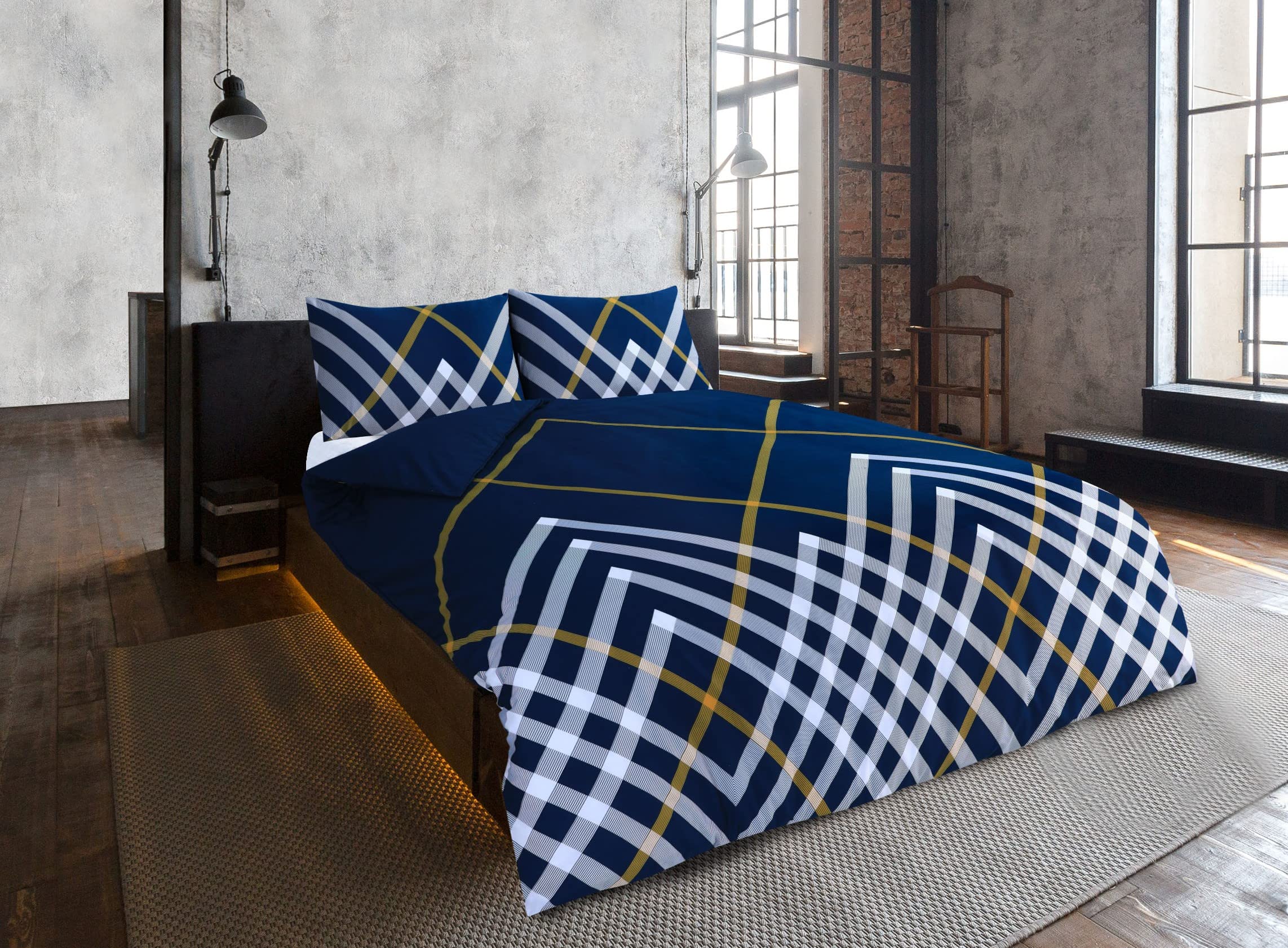 Cna Stores Navy / Gold Maxwell Geo Check Duvet Cover & Pillowcase Reversible Easy Care Cotton Blended Bedding Set (Double, Navy/Gold)