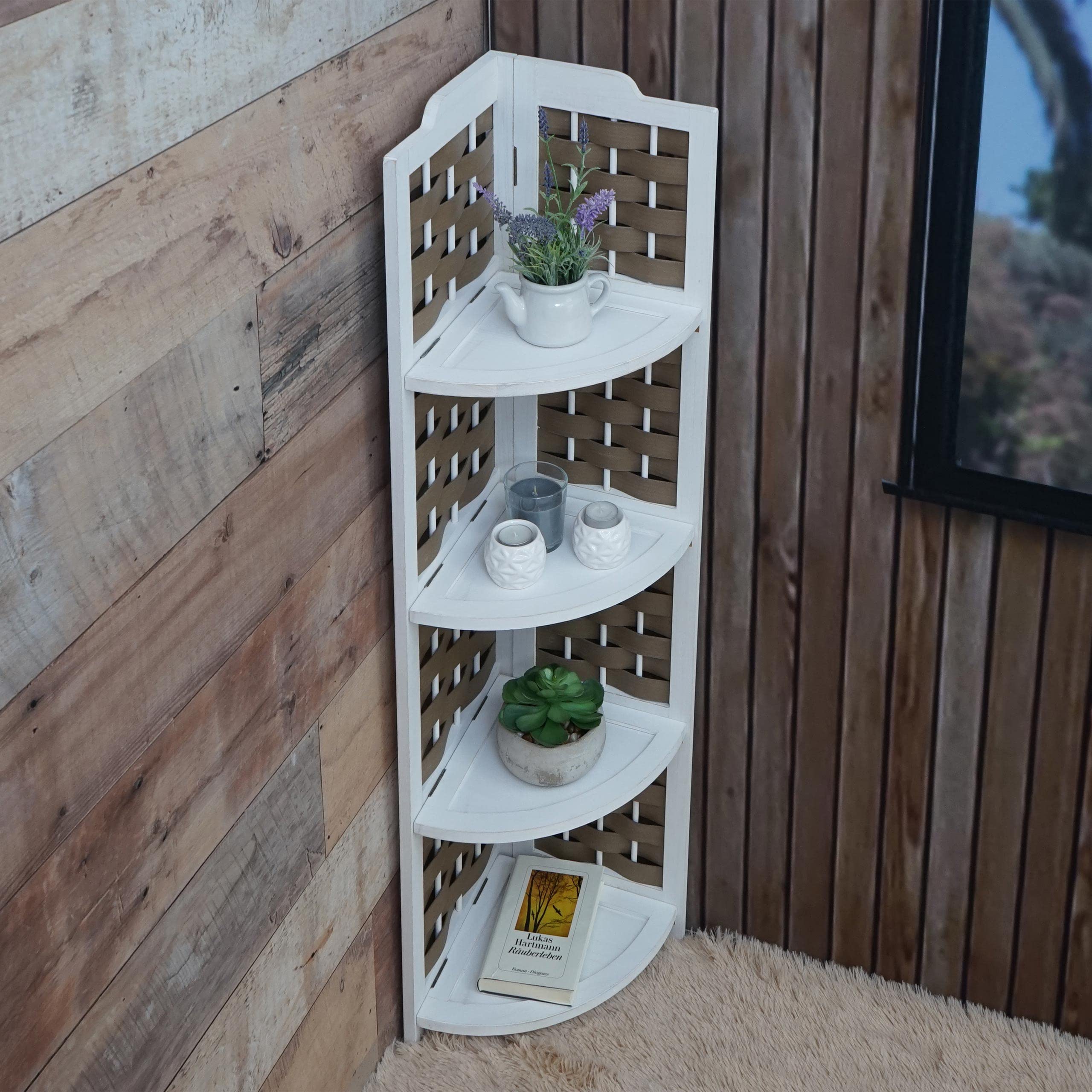 Scaffale libreria pieghevole 4x ripiani MCW-K86 legno polyrattan bianco e grigio