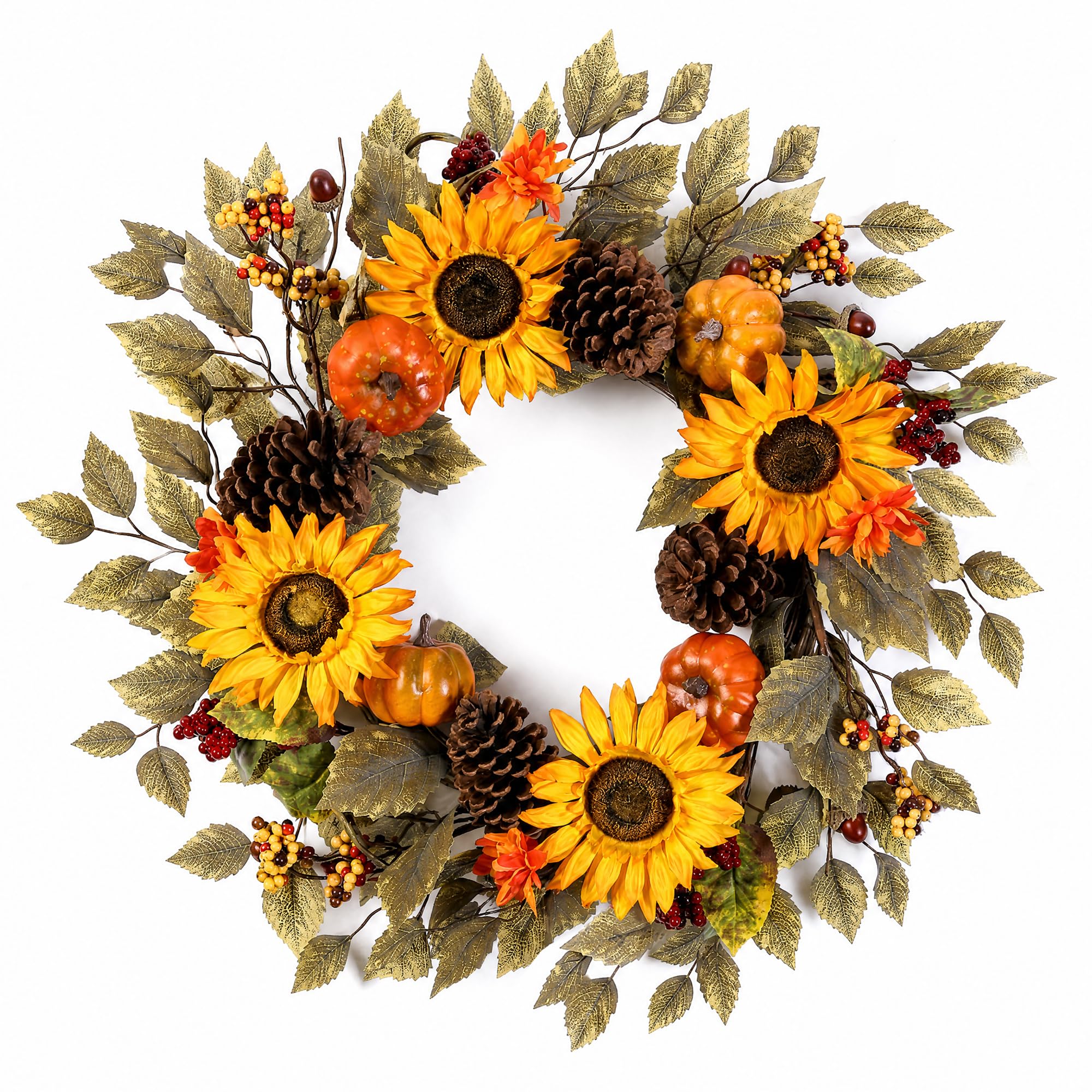 Pinkpum 20" Fall Wreath Front Door Pumpkin Sunflower Pine Cones Wall Decor