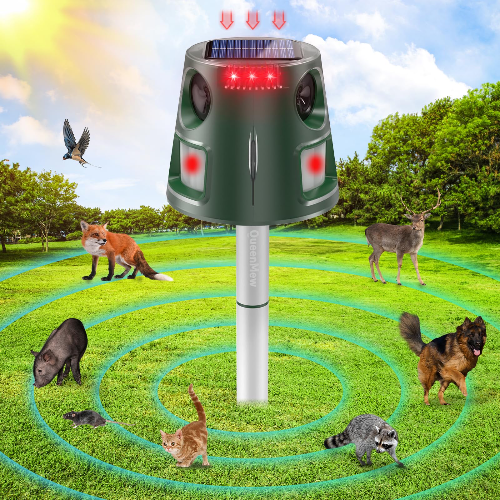 360° Solar Repelente Gatos, Ultrasónico Ahuyentador Pare Animales con Sensor de Movimiento y Luz Intermitente, 5 Modos Ahuyentador Impermeable para Exteriores para Ciervos Zorrillos Ardillas Conejos