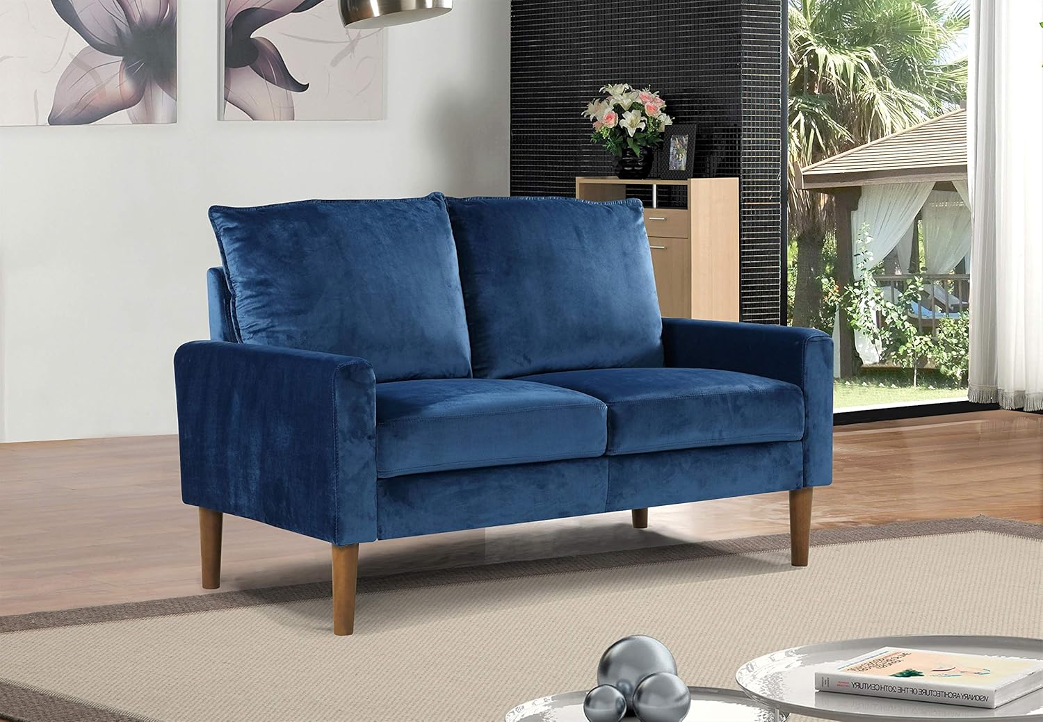 Petit Mid Century Modern Velvet Loveseat for Small Spaces, Upholstered 2 Seater Couch for Living Room and Bedroom, Easy Assembly, Ultra Blue