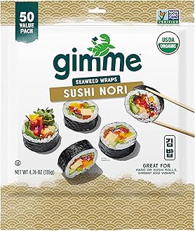 gimMe Sushi Nori 100% Organic Roasted Seaweed, 50 Sheets in Resealable Container, 50 Pieces (Pack of 1)