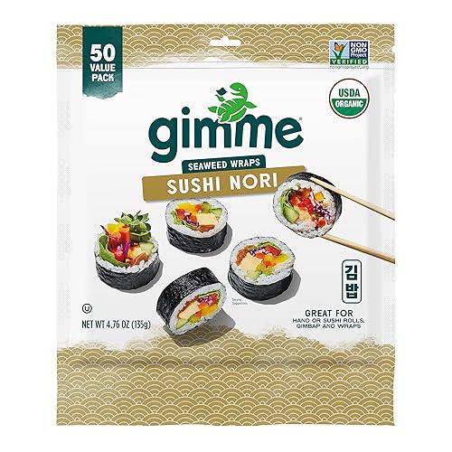 gimMe Sushi Nori Algas tostadas 100 orgánicas 50 hojas en recipiente resellable 50 unidades paquete de 1