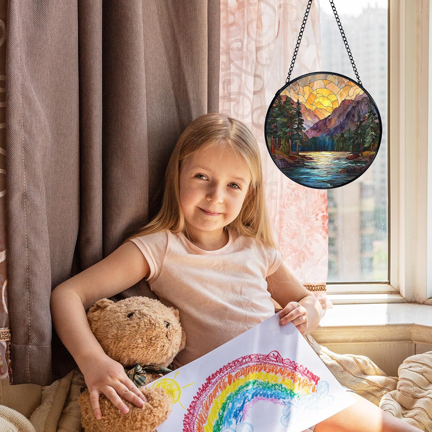 Mountain Sunset Suncatcher Stained Glass Window Hanging, Nature Mountain Landscape Sun Catchers Indoor Window Glass Wall Art Decor, Nature Wall Hanging Decor, 7.9x7.9 Inch 044-MH-BLGH - Image 5