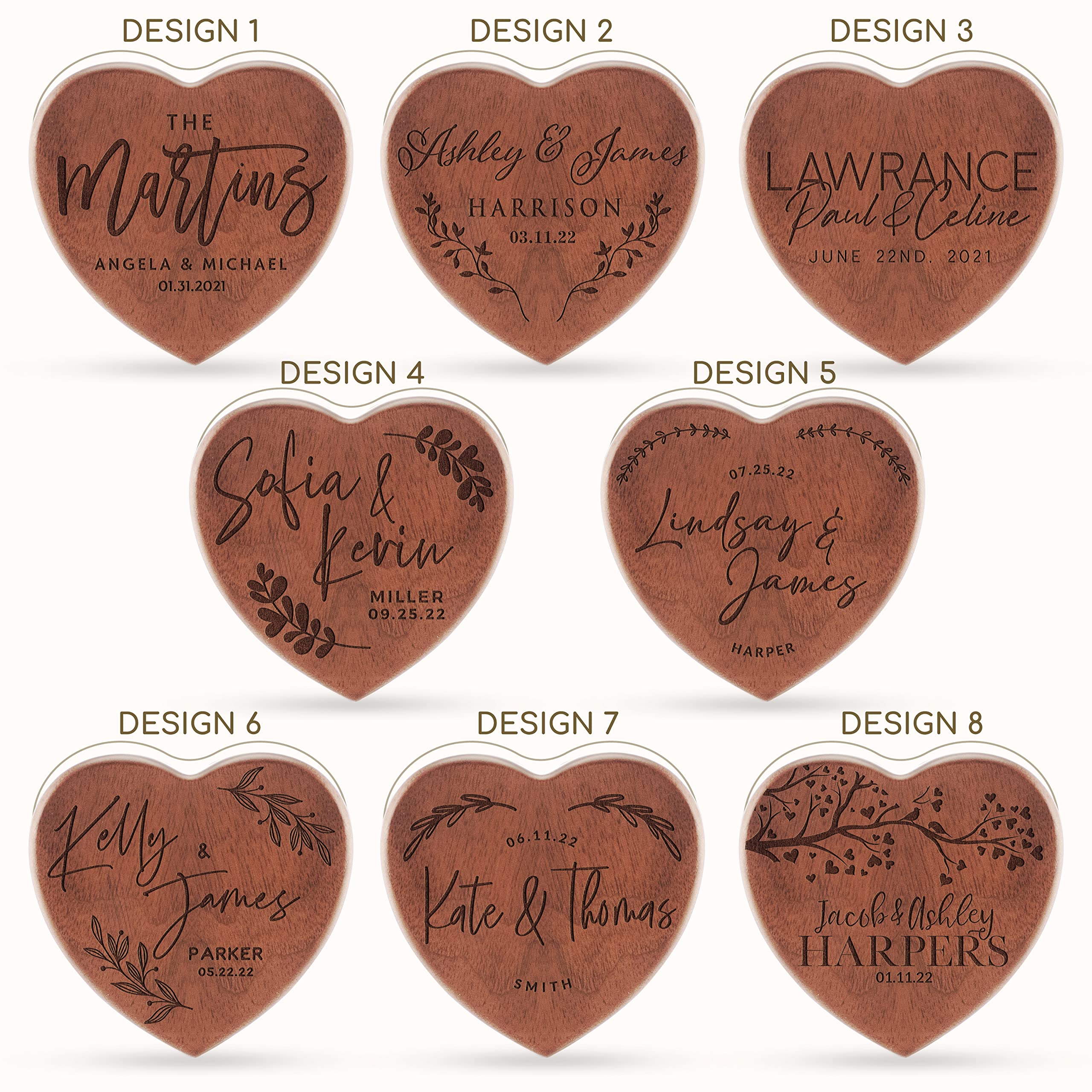 Personalized Wooden Ring Box, Custom Ring Bearer Box, Wooden Heart Ring Box for Wedding Ceremony, 8 Designs with Names and Family Name, Engagement Ring Holder for Proposal, Wedding Keepsake