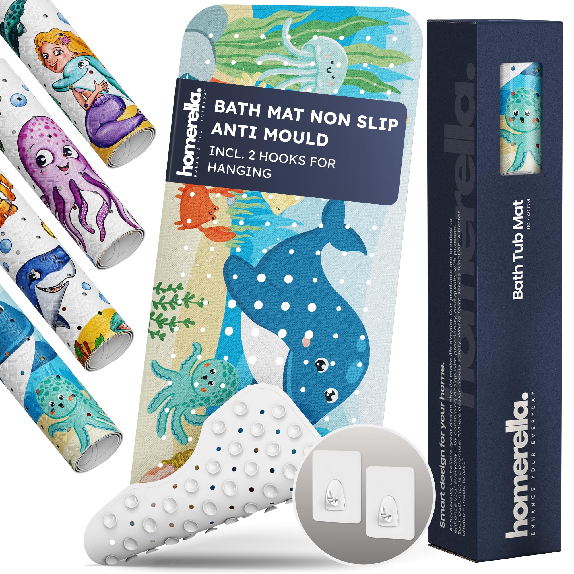 Homerella Magic Sea Bath Mat Non Slip Anti Mould Kids 100X40cm Incl. 2 Hooks - Anti Slip Bathtub Mat Machine Washable, Bpa Free, Toddler Non Slip Bath Mat For Inside Bath Tub