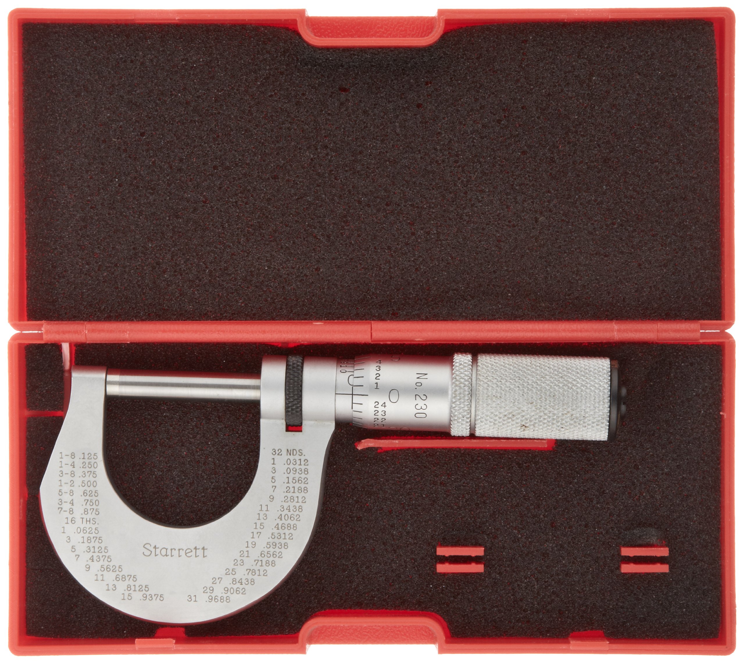 Starrett - Micrometro exterior de 230 FL, dedal de fricción, tuerca de bloqueo, rango de 0 – 1 pulgada, graduación de 0,001 pulgadas, precisión de +/-0,0001 pulgadas.