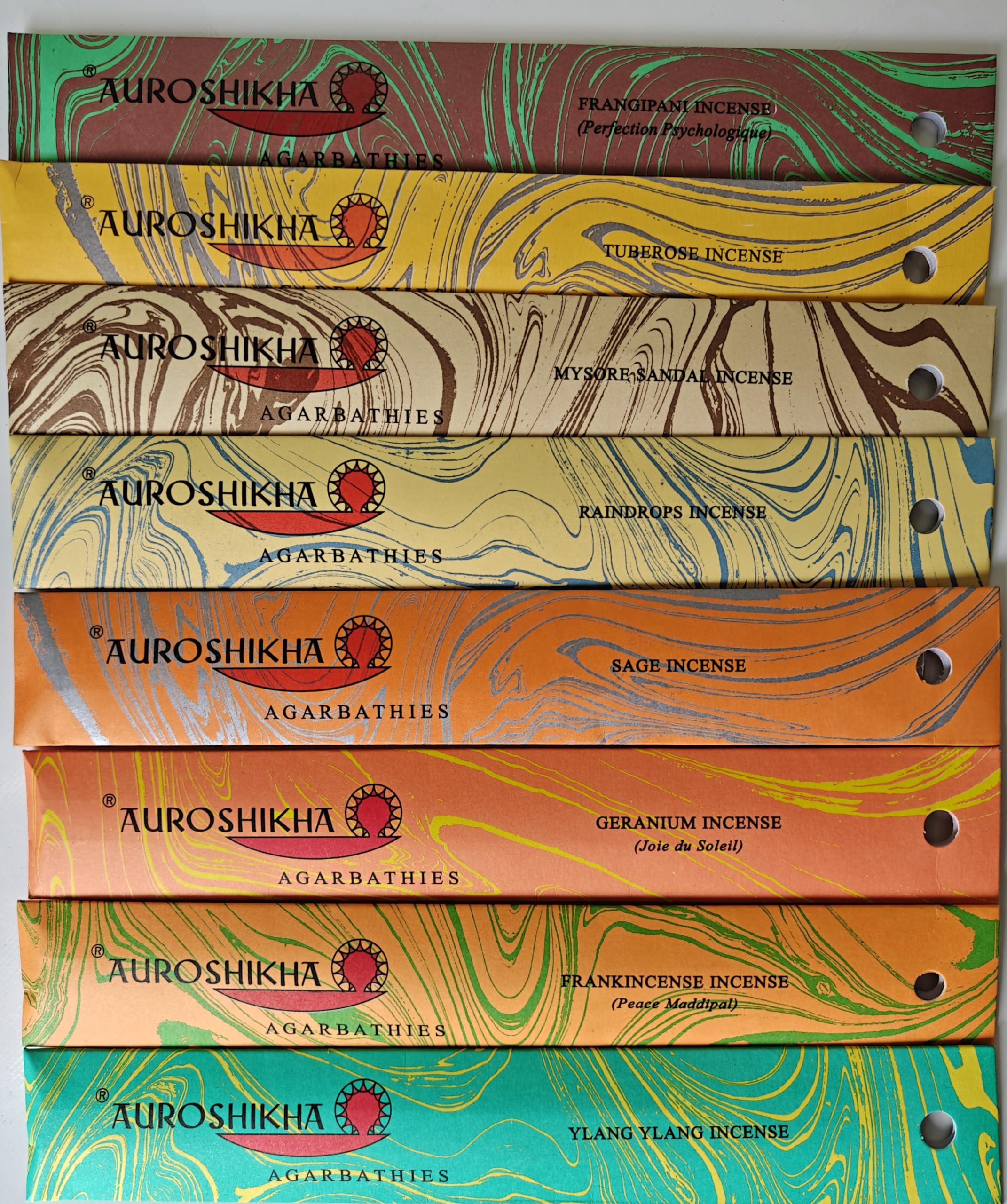 Auroshikha Marbled Combo- Set of 8 - Each 10g Pack -Mysore Sandal, Sage, Geranium, Tuberose, Ylang-Ylang, Franckincense, Raindrops, Fringapani || Intense and Relaxing Ashram Product, Since 1973-image-30