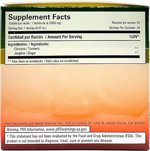 Miniatura 4 de Té de cúrcuma y jengibre (Te de Curcuma y Jengibre) por Betel Natural – Superalimento natural lleno de curcuminas – 24 bolsas de té