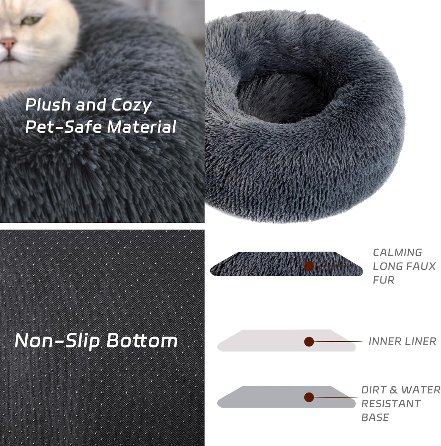 Calming Dog Bed for Large Cats and Dogs, Donut Washable Cat Bed for Indoor Cats and Dogs, Anti-Slip Round Fluffy Plush Faux Fur Pet Bed for Medium Cats and Dogs (Dark Grey, 23.5'')
