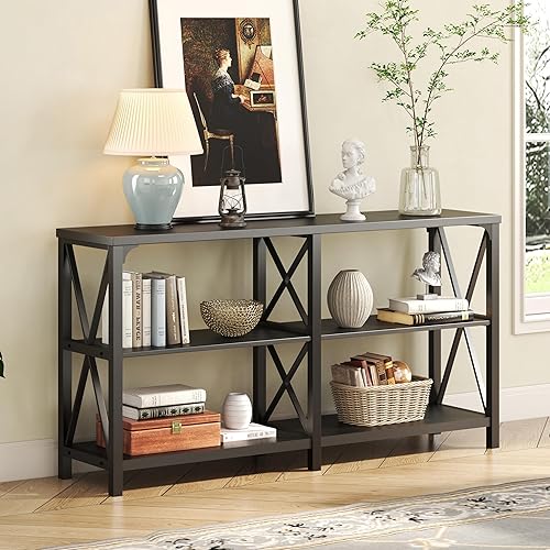 Miniatura 46 de IBF Mesa de entrada de granja, mesa consola larga rústica detrás del sofá, moderna mesa de sofá de madera de metal con estantes de almacenamiento,