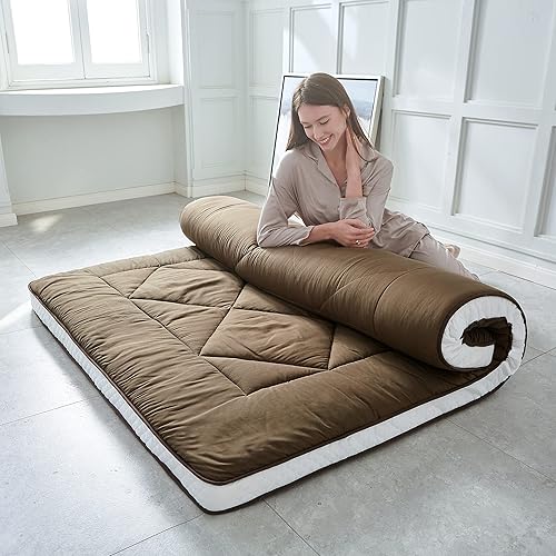 Miniatura 4 de Colchón japonés de suelo futón, colchón grueso para dormir, plegable y portátil, colchón de campamento enrollable, café Queen