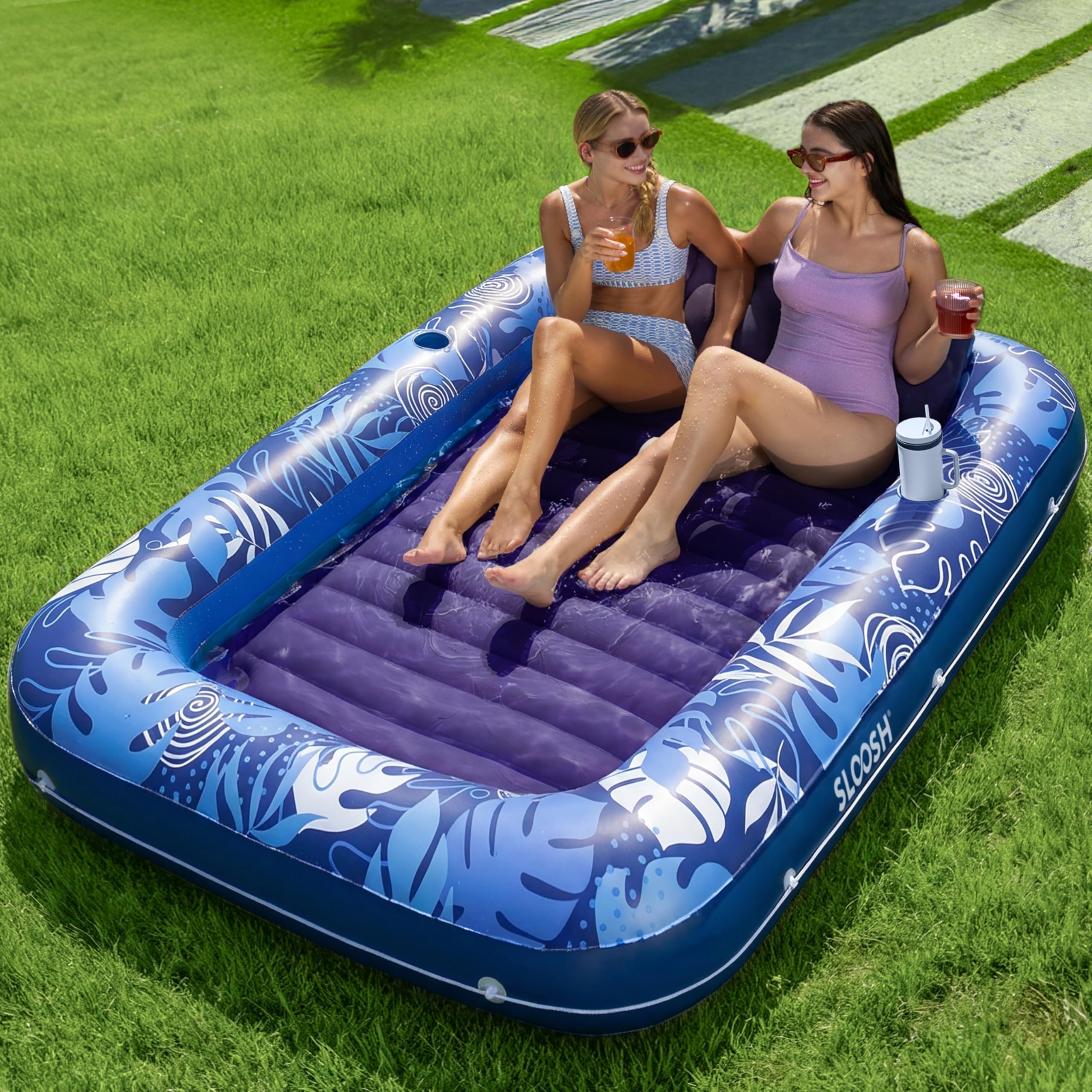 SLOOSH Inflatable Tanning Pool Lounger Float, 85" x 57" Extra Large Pool Floats Adult with Pillow, 4 in 1 Suntan Tub Raft Floatie,Sunbathing Bed Lounge for Water Blow Up Ball Pit, XL-Dark Blue