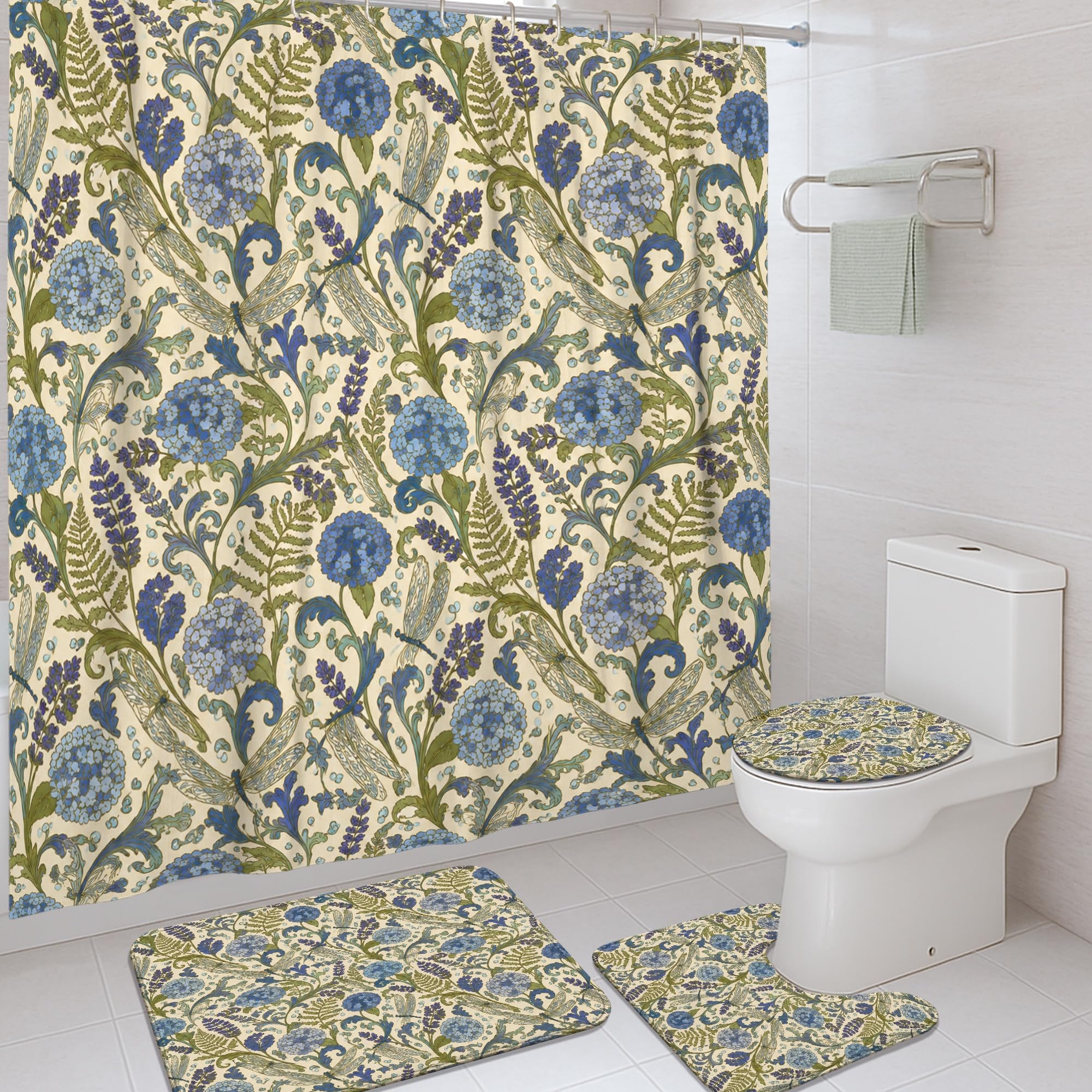 Rideau de douche fougère lavande bleu 183x183 cm en tissu imperméable pour salle de bain