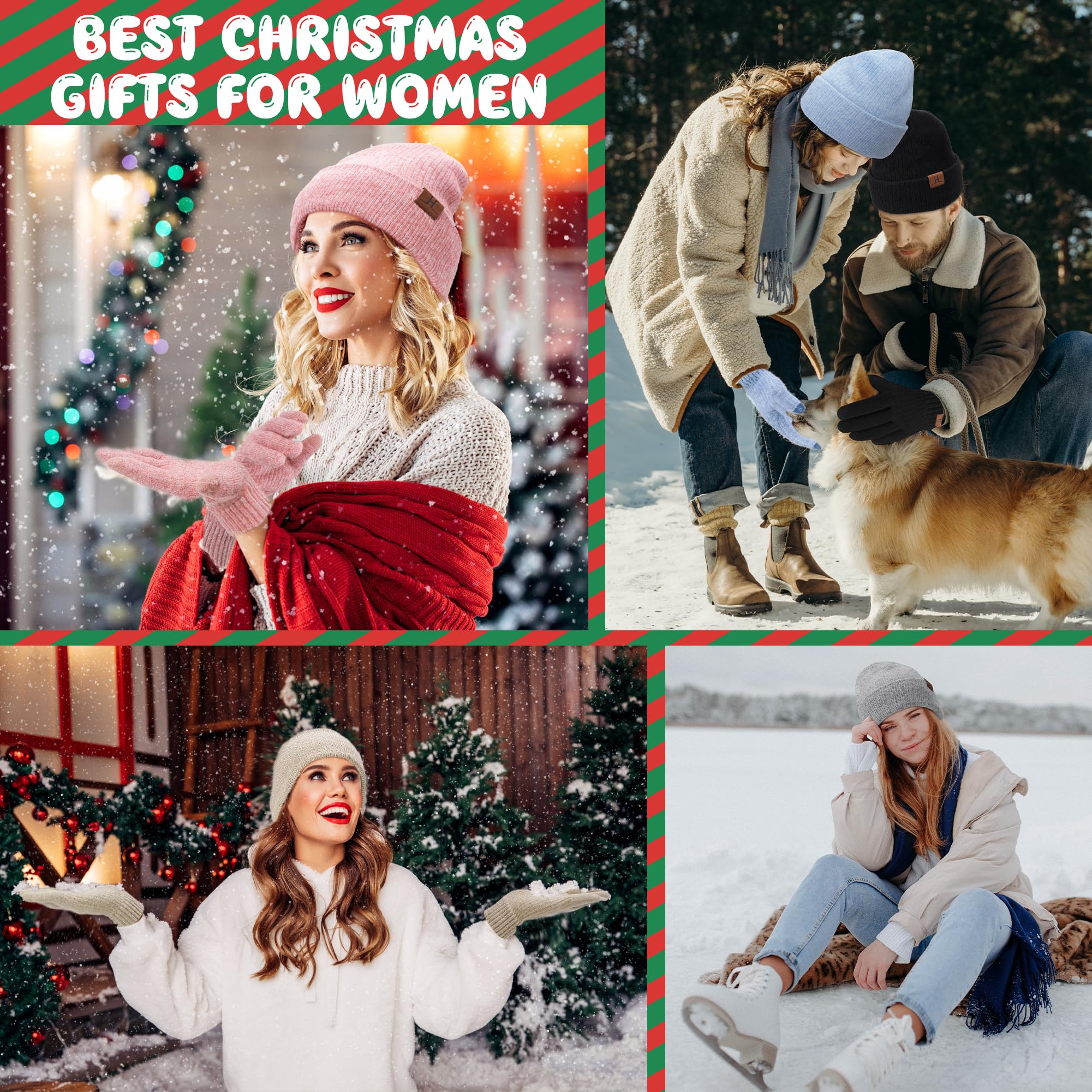 Femmes Hiver Chaud Bonnet Echarpe Thermique Gants Tactiles Ensemble Tricot Slouchy Cache-Cou Cadeau Femme
