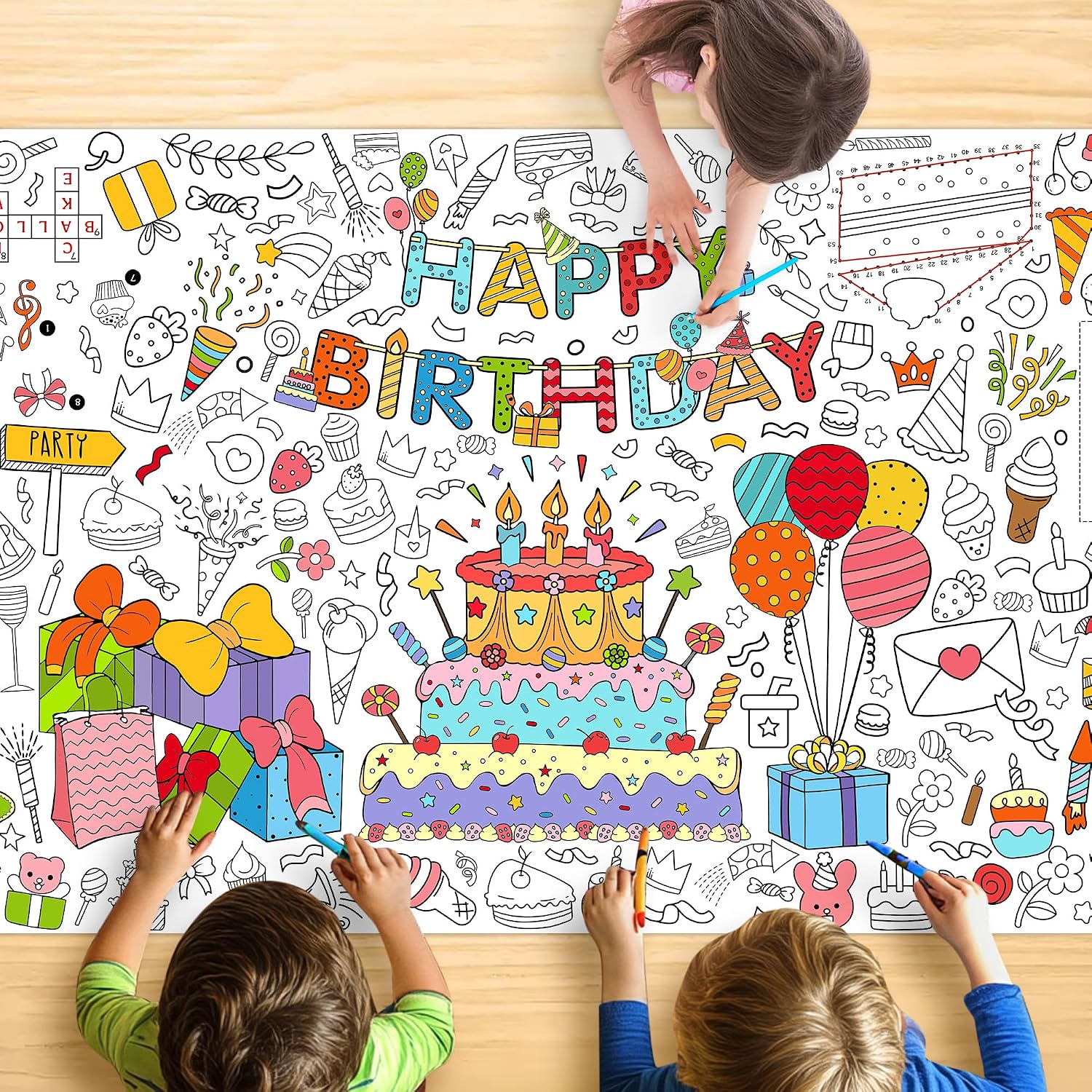 Happy Birthday Coloring Tablecloth for Kids, Giant Coloring Table Cloth 30x72 Inch, Birthday Party Activity Poster with Balloons Cakes Games, Fun Arts Crafts for Kids Party Decorations