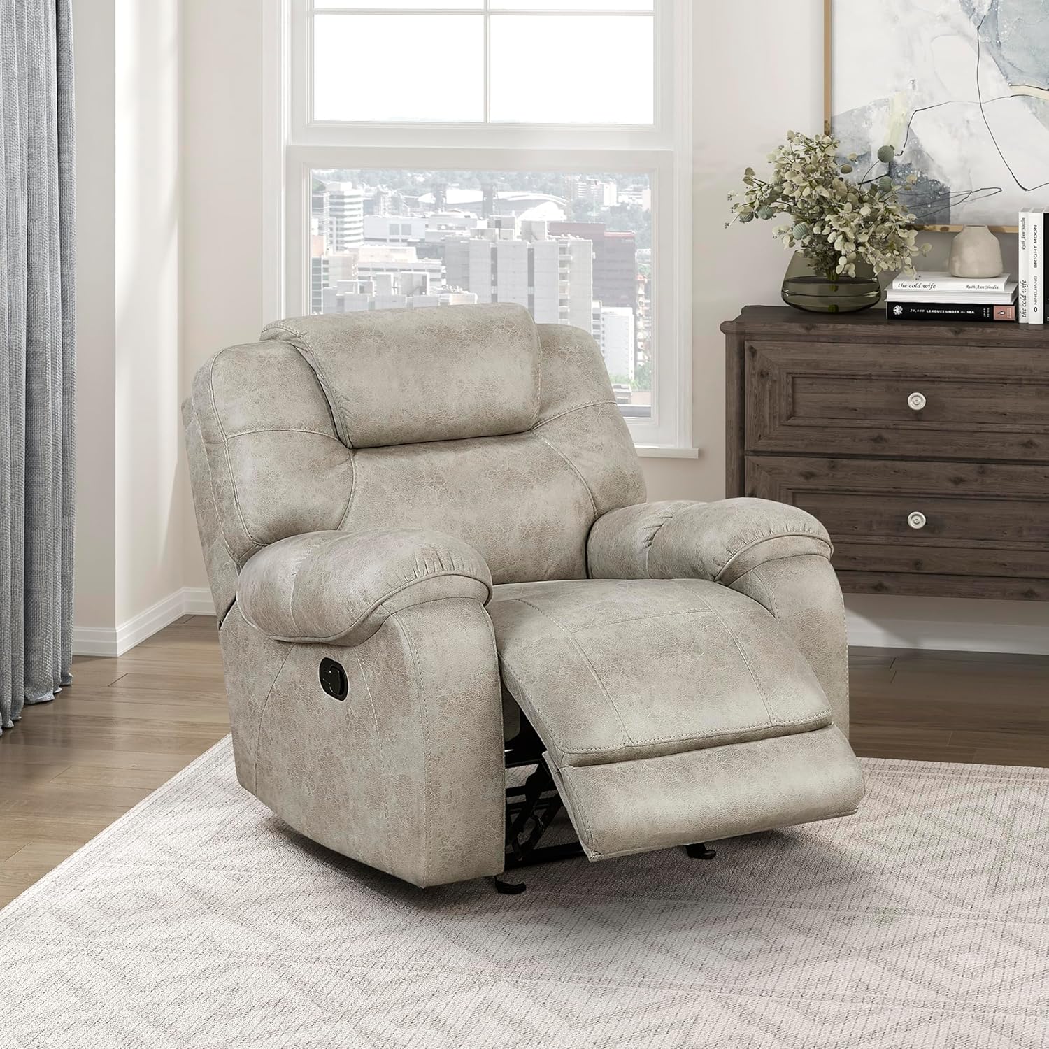 Lexicon Manual Glider Recliner Chair, Polished Microfiber Upholstered Manual Tab Pull Reclining Nursery Chair for Living Room, Pillow Top Armrest, Padded Headrest, Easy Assembly, Pewter