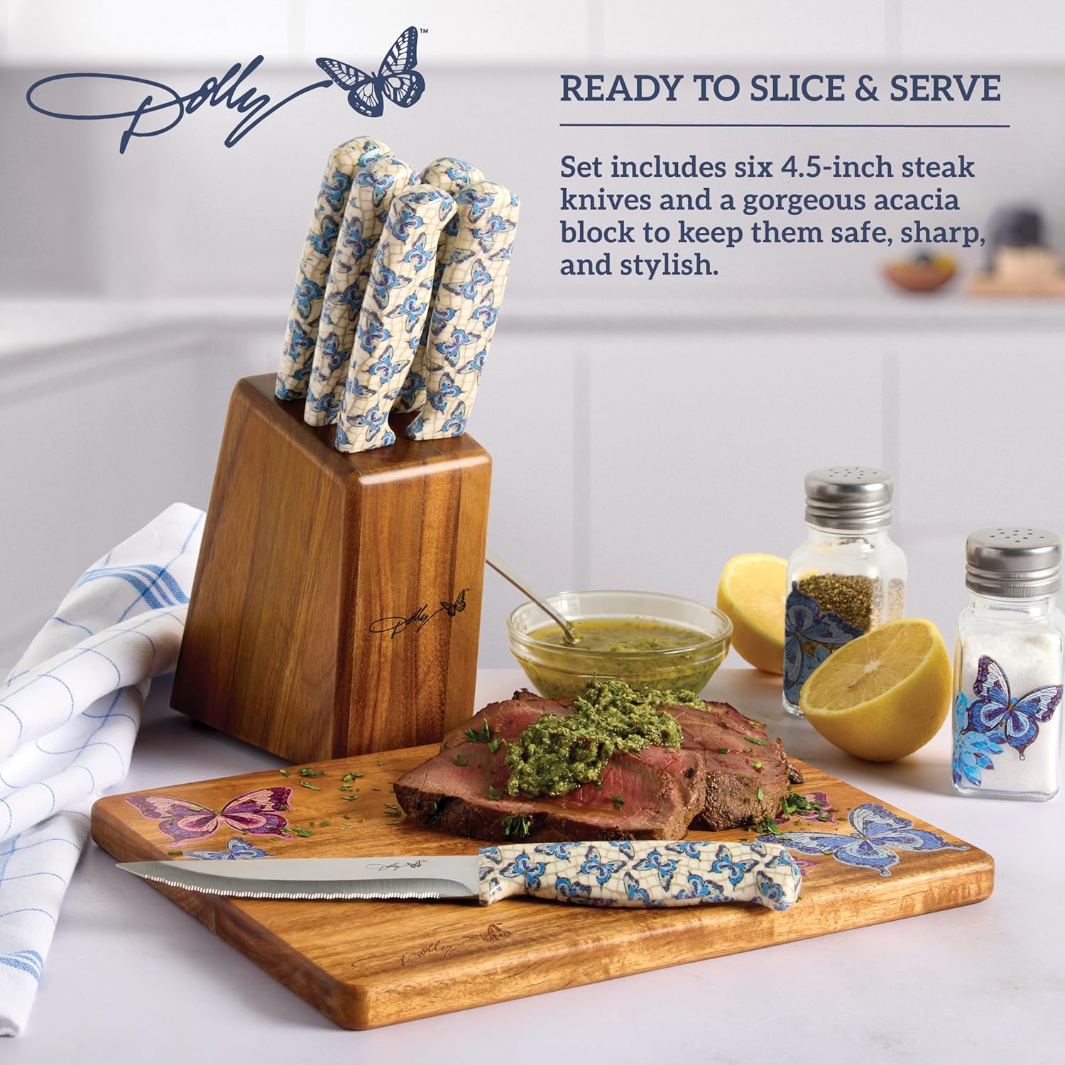 Dolly Parton 7-Piece Steak Knife Set with Blue Handles and Acacia Block for Storage