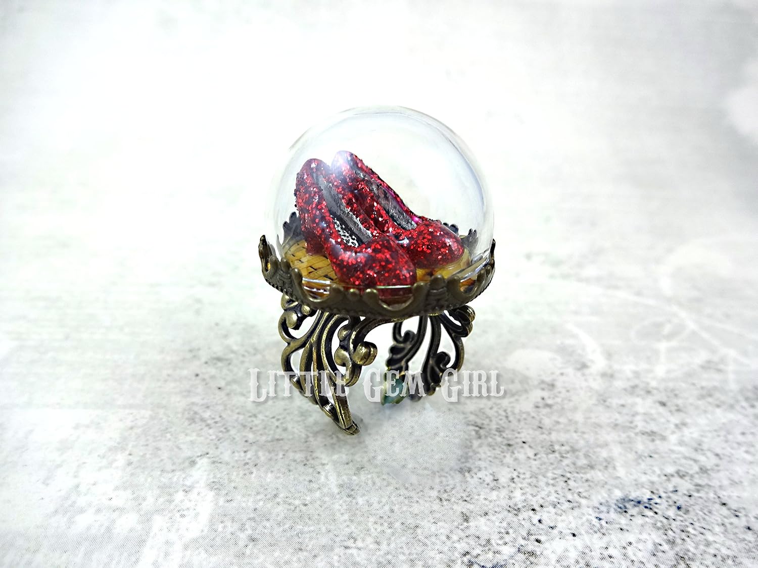 Ruby Red Slippers on the Yellow Brick Road Ring in Bronze or Silver Filigree Adjustable Band - Handmade Adult Artisan Jewelry