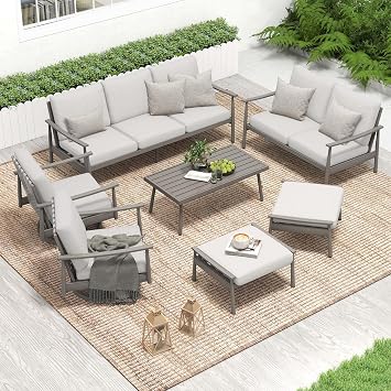 HAPPATIO Patio Outdoor Furniture Set - 7 Pieces Aluminum Outdoor Conversation Set Includes 1 Three-Seater Sofa, 1 Loveseat, 1 Coffee Table, 2 Swivel Chairs and 2 Ottomans for Porch, Lawn Grey