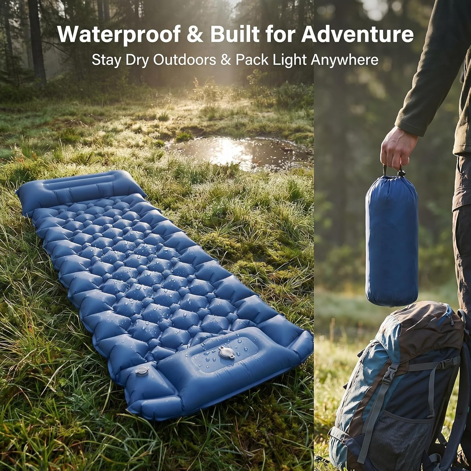 Sleeping Pad, 4” Thick Backpacking Sleeping Pad with Built-in Foot Pump & Pillow, Ultralight Self Inflating Camping Air Mattress Mat for Hiking, Tent,Travel Gear (Blue)