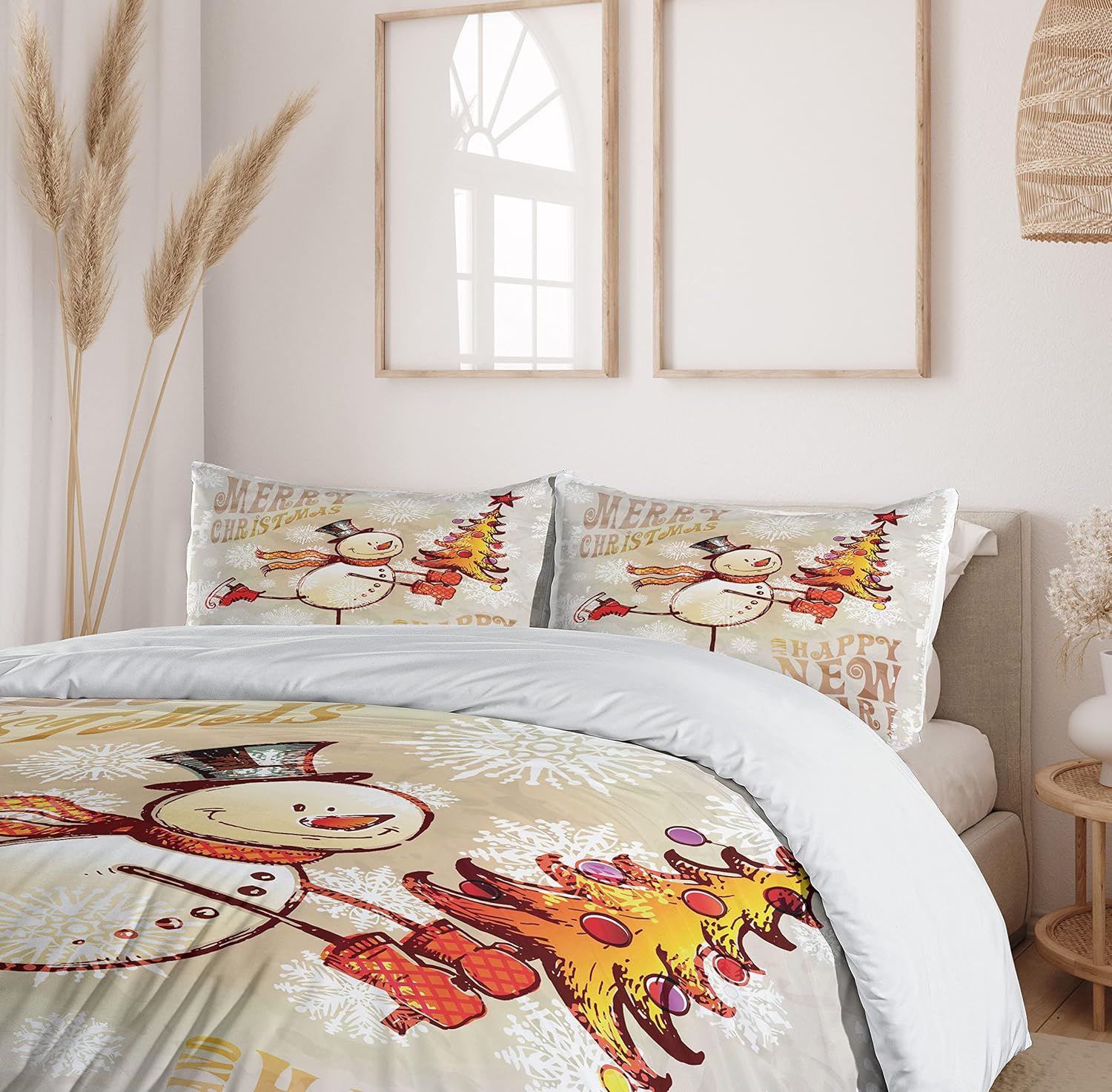 Ambesonne Christmas Duvet Cover Set, Skating Happy Snowman Xmas Tree Cheerful Hand Drawn Ornate Snowflakes, Decorative 3 Piece Bedding Set with 2 Pillow Shams, Queen Size, Beige White Queen Beige White