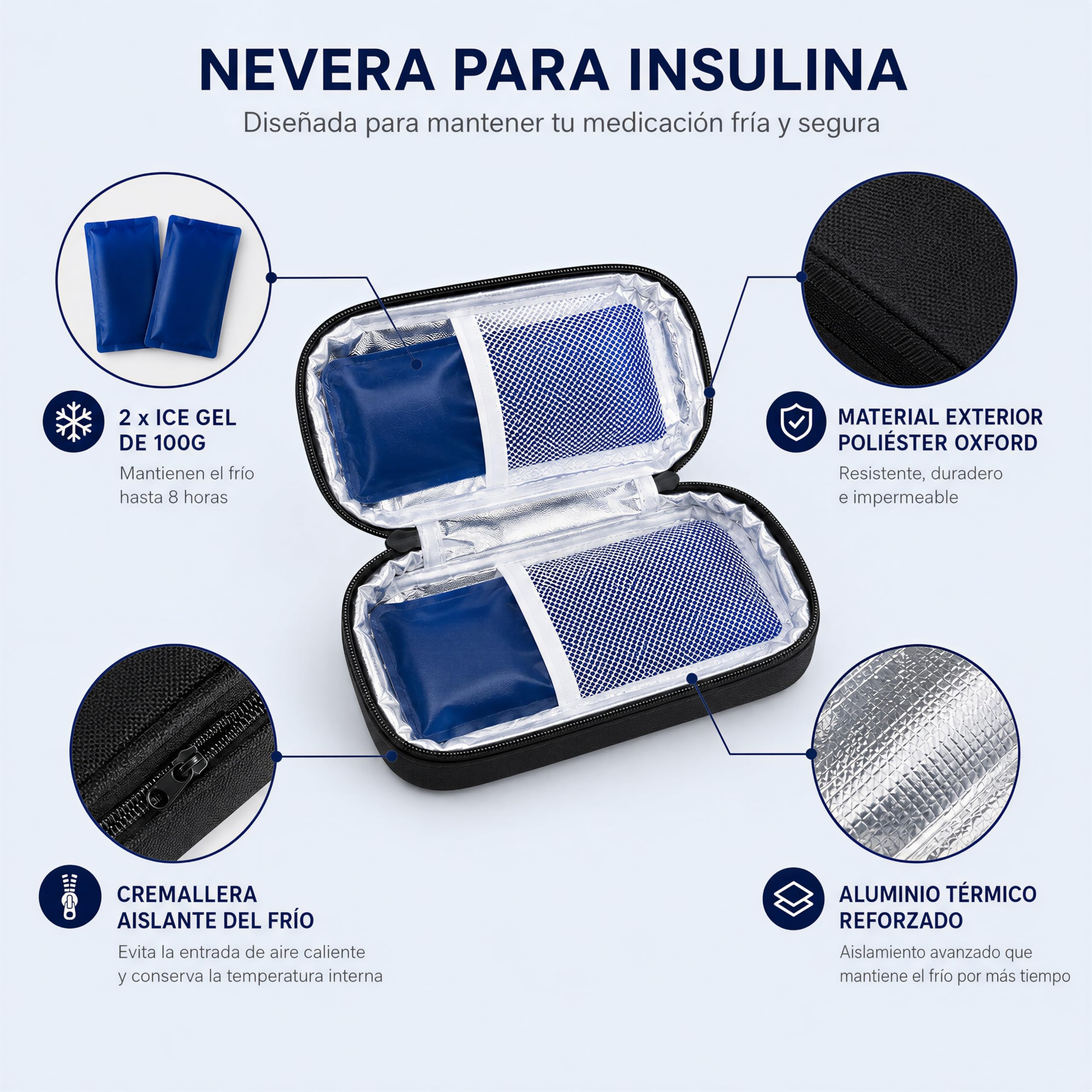 Nevera Insulina Portátil — Estuche Frío para Insulina y Medicamentos, Bolsa Isotérmica Viaje 21x9x6cm con Porta Plumas, Bolsa de Hielo Reutilizable, Forro Aluminio para Diabéticos (Negro)