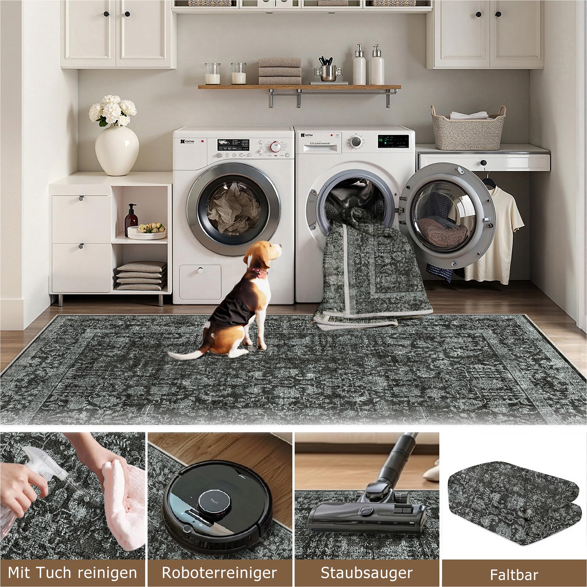 HUGEAR Vintage Tappeto Salotto Nero Tappeti 90x150cm Soggiorno Antiscivolo Lavabile in Lavatrice Tapette Camera da Letto Sala Ufficio Bambina Bambino Pelo Corto Grande Carpet